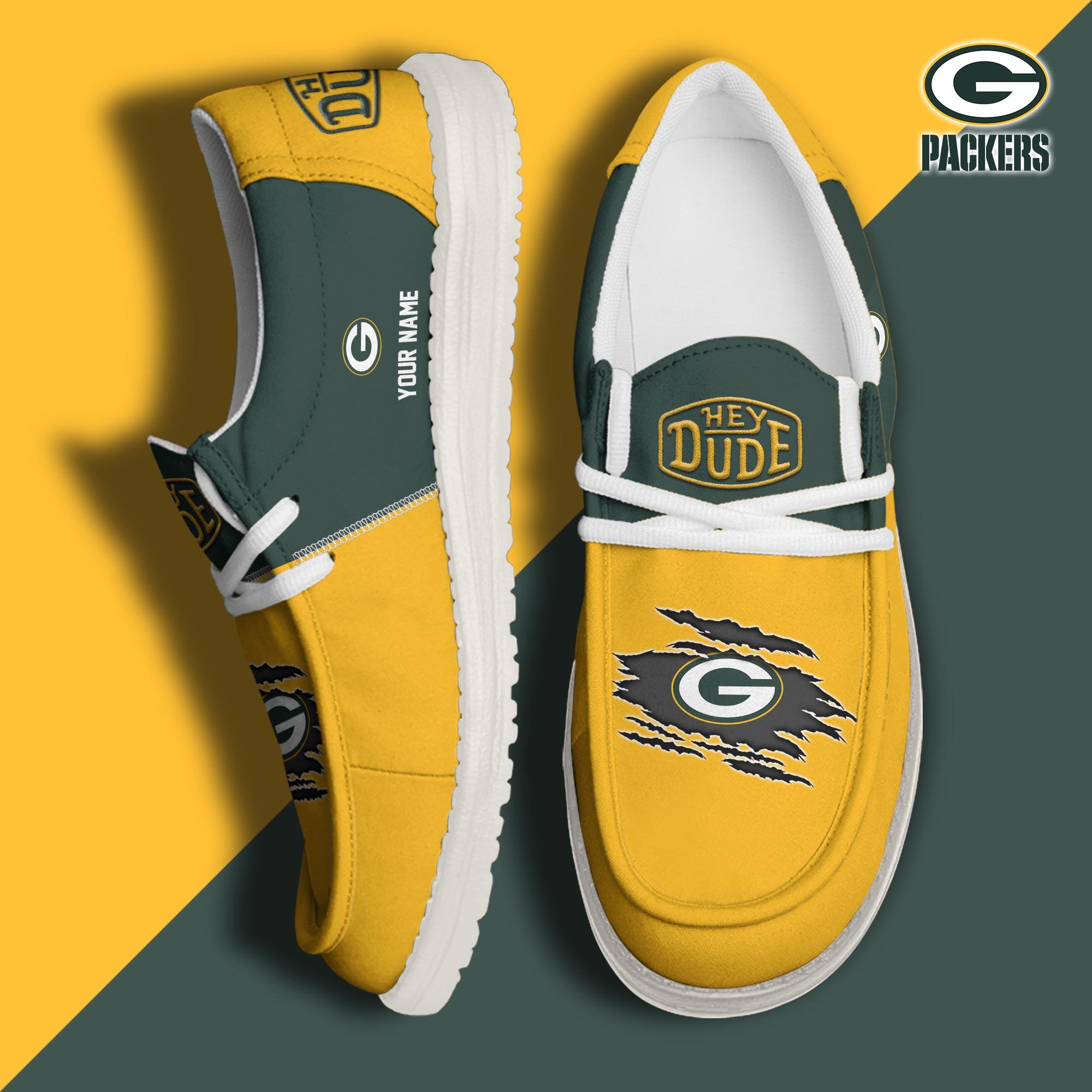 Green Bay Packers Football Hey Dude Canvas Loafer Shoes Custom Your Name, Sport Shoes For Fan, Fan Gifts ETUA-61026