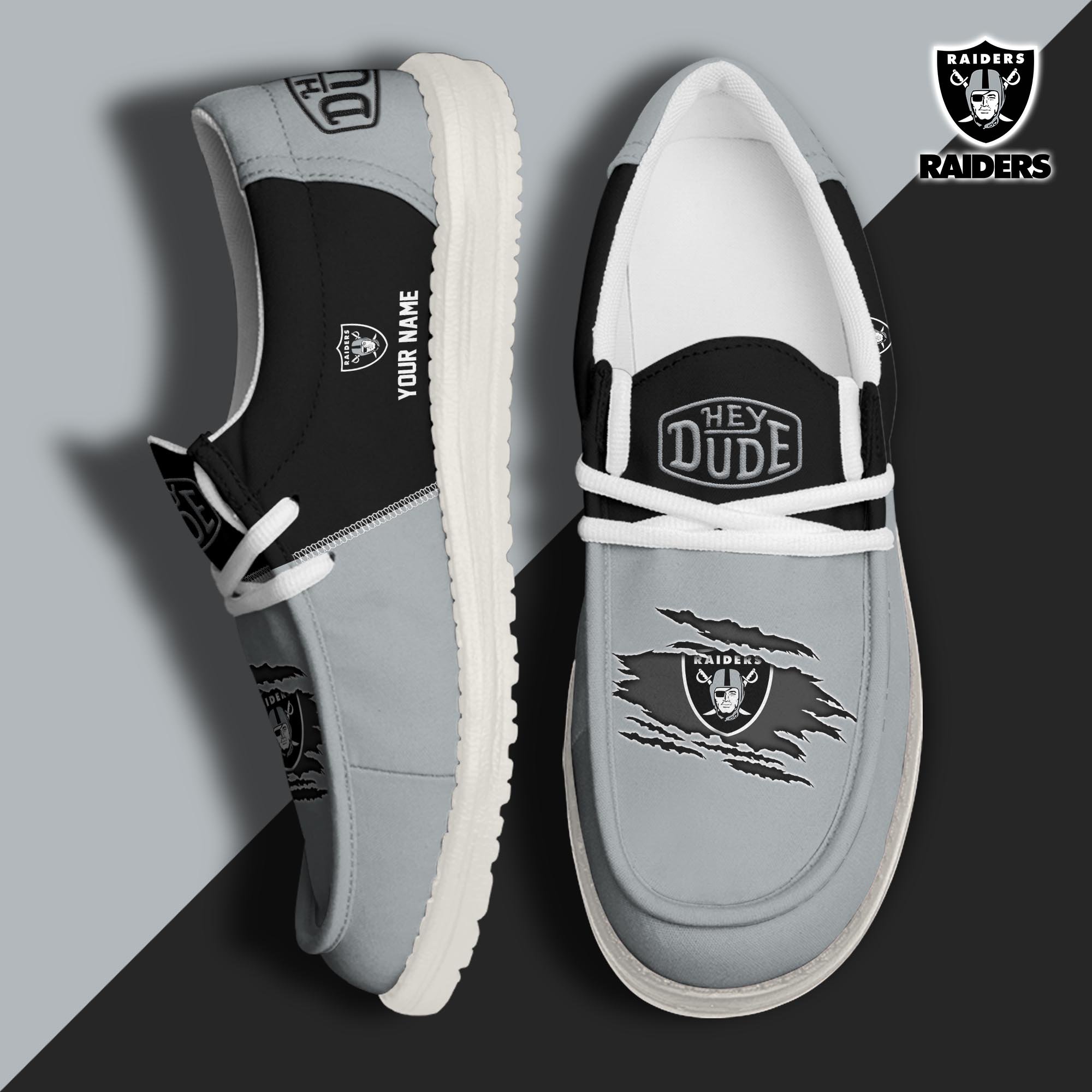 Las Vegas Raiders Football Hey Dude Canvas Loafer Shoes Custom Your Name, Sport Shoes For Fan, Fan Gifts ETUA-61026