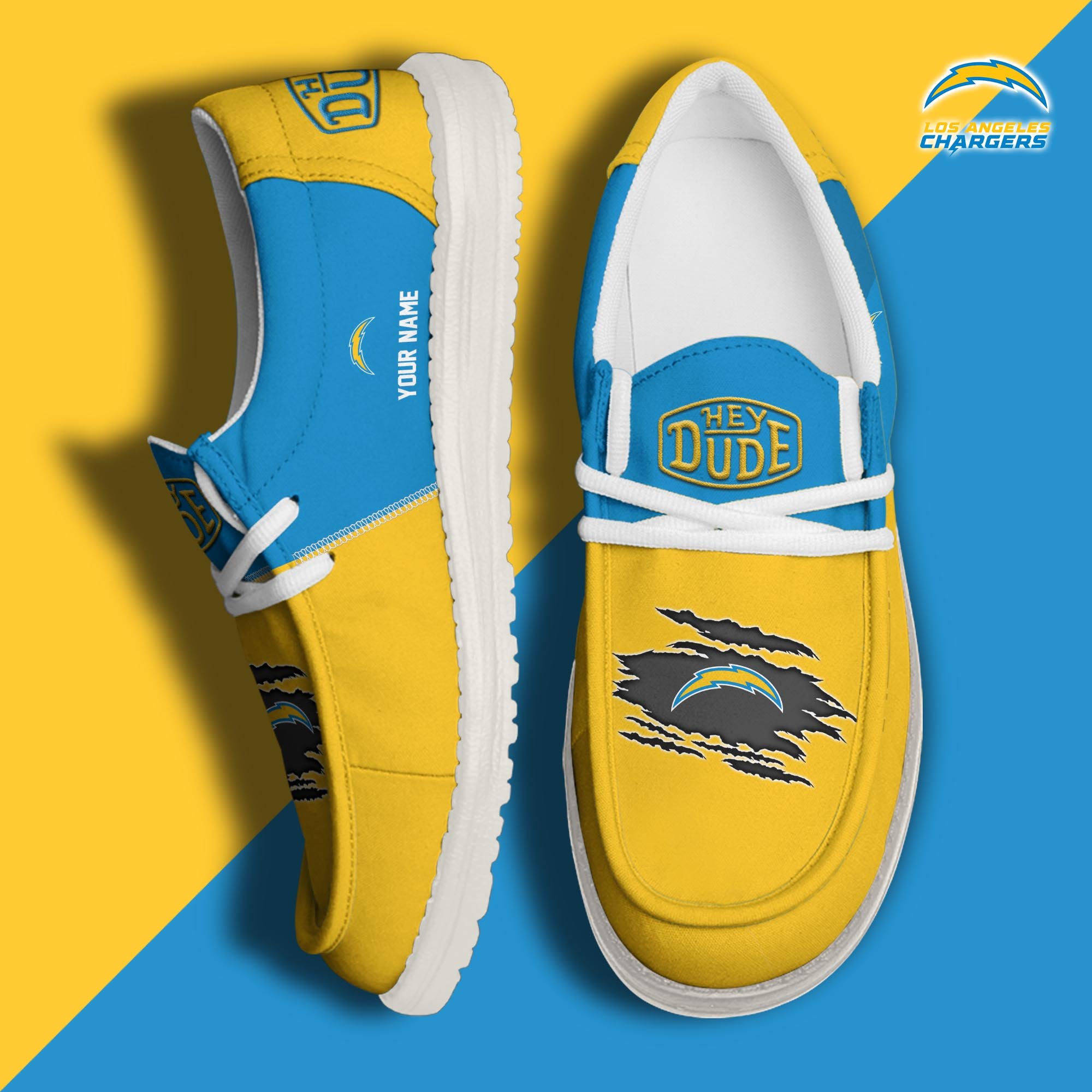 Los Angeles Chargers Football Hey Dude Canvas Loafer Shoes Custom Your Name, Sport Shoes For Fan, Fan Gifts ETUA-61026