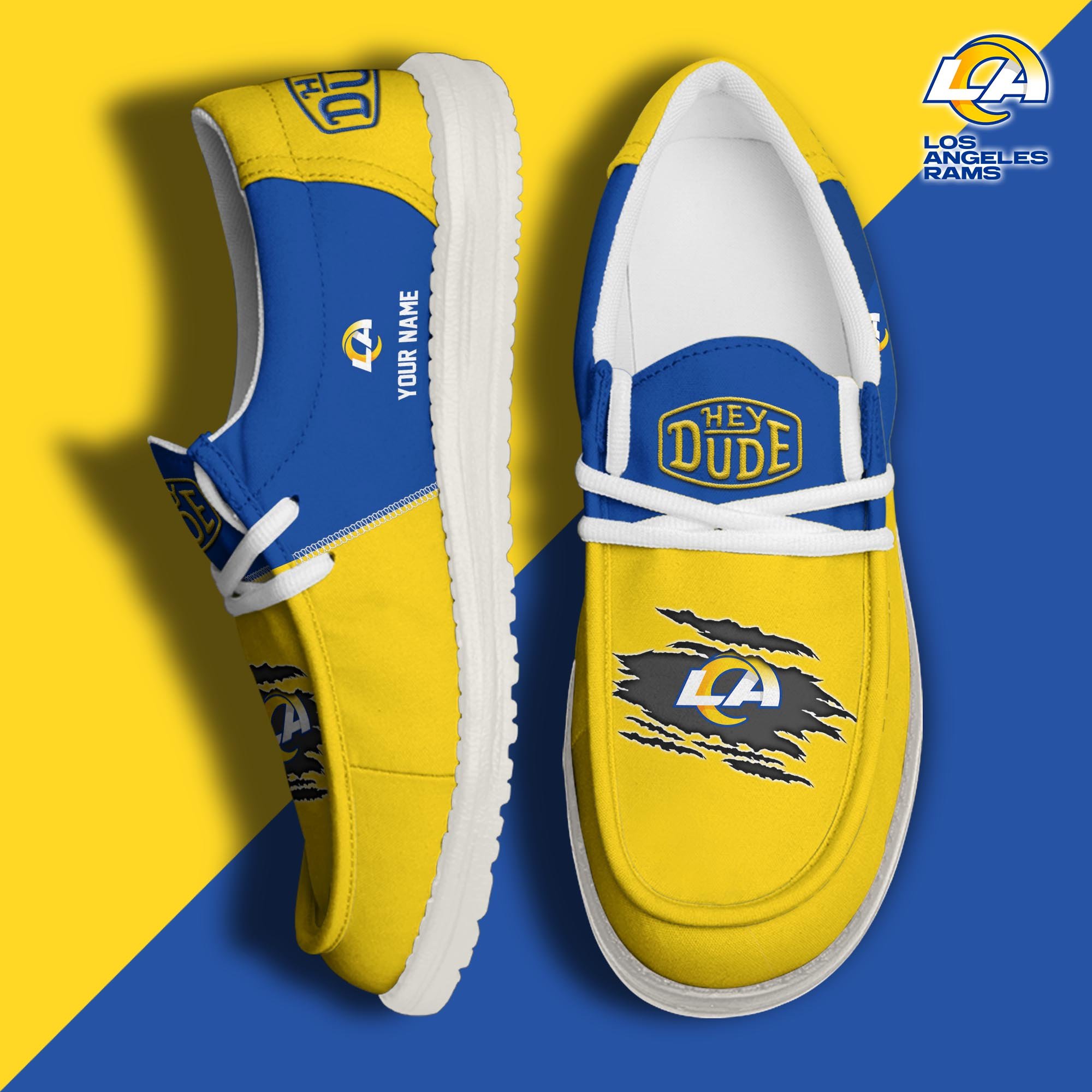 Los Angeles Rams Football Hey Dude Canvas Loafer Shoes Custom Your Name, Sport Shoes For Fan, Fan Gifts ETUA-61026