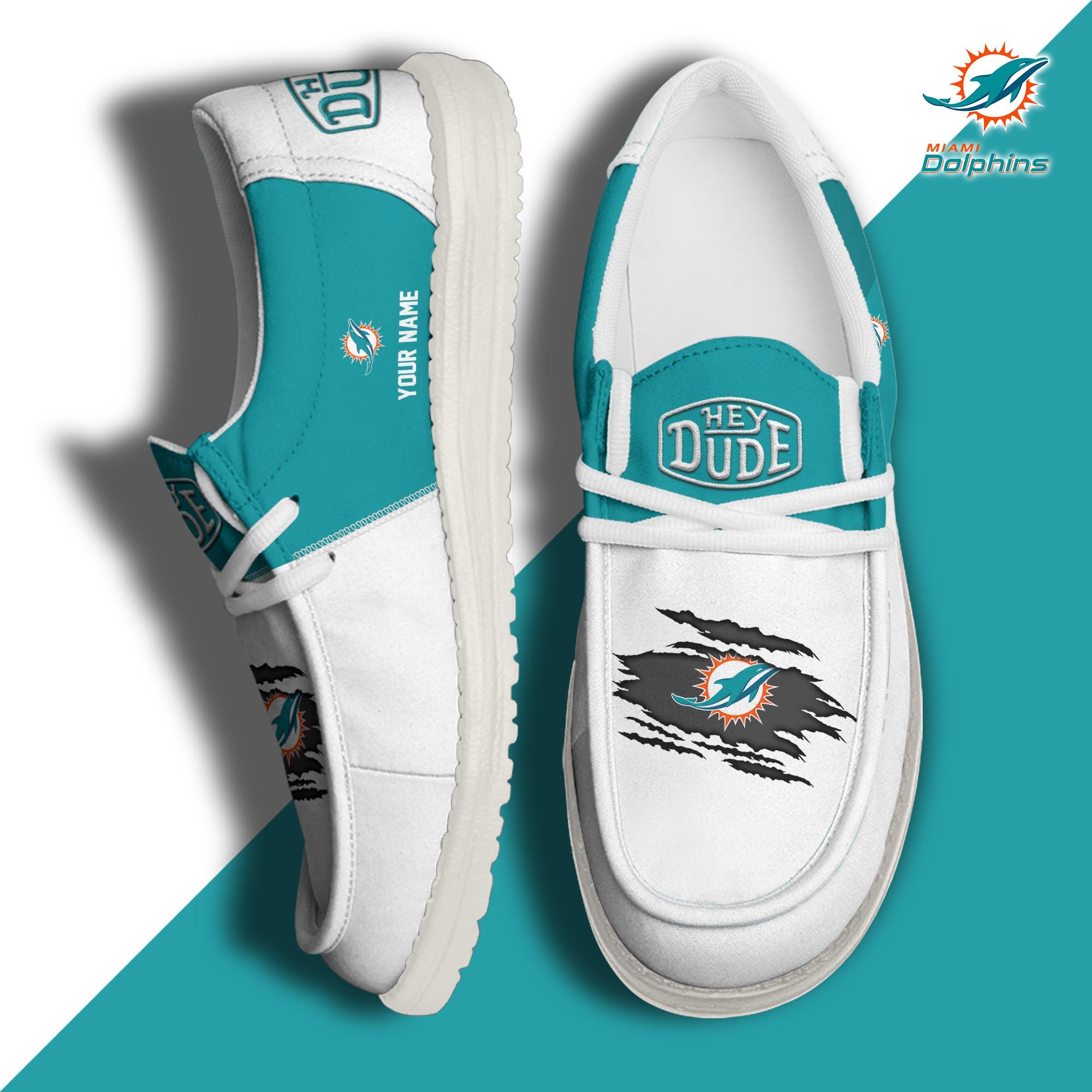 Miami Dolphins Football Hey Dude Canvas Loafer Shoes Custom Your Name, Sport Shoes For Fan, Fan Gifts ETUA-61026