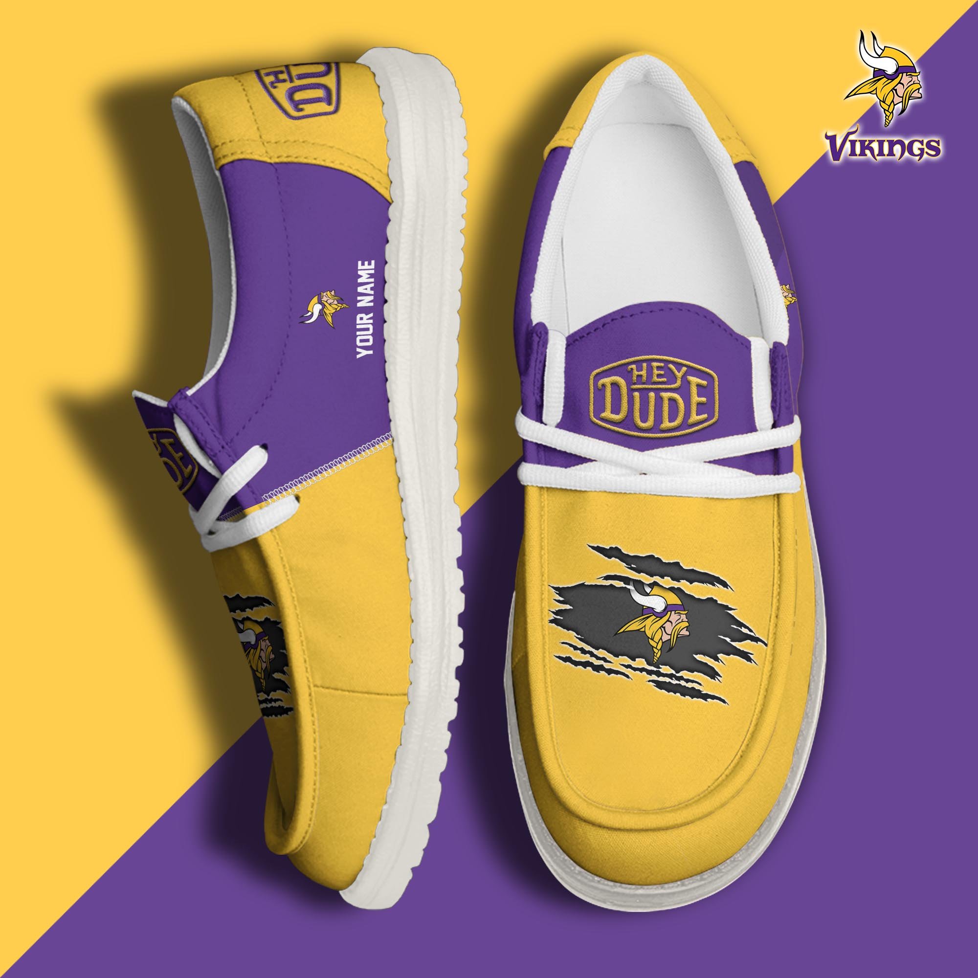 Minnesota Vikings Football Hey Dude Canvas Loafer Shoes Custom Your Name, Sport Shoes For Fan, Fan Gifts ETUA-61026