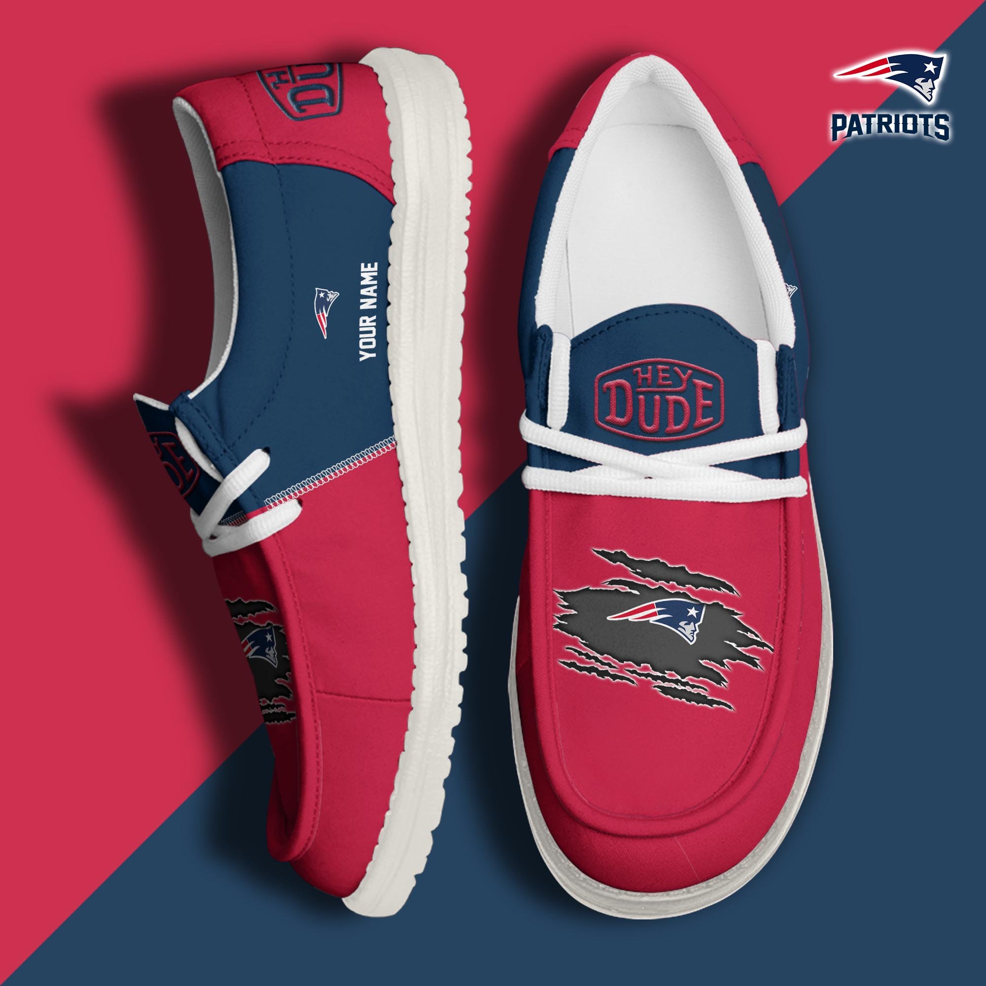 New England Patriots Football Hey Dude Canvas Loafer Shoes Custom Your Name, Sport Shoes For Fan, Fan Gifts ETUA-61026