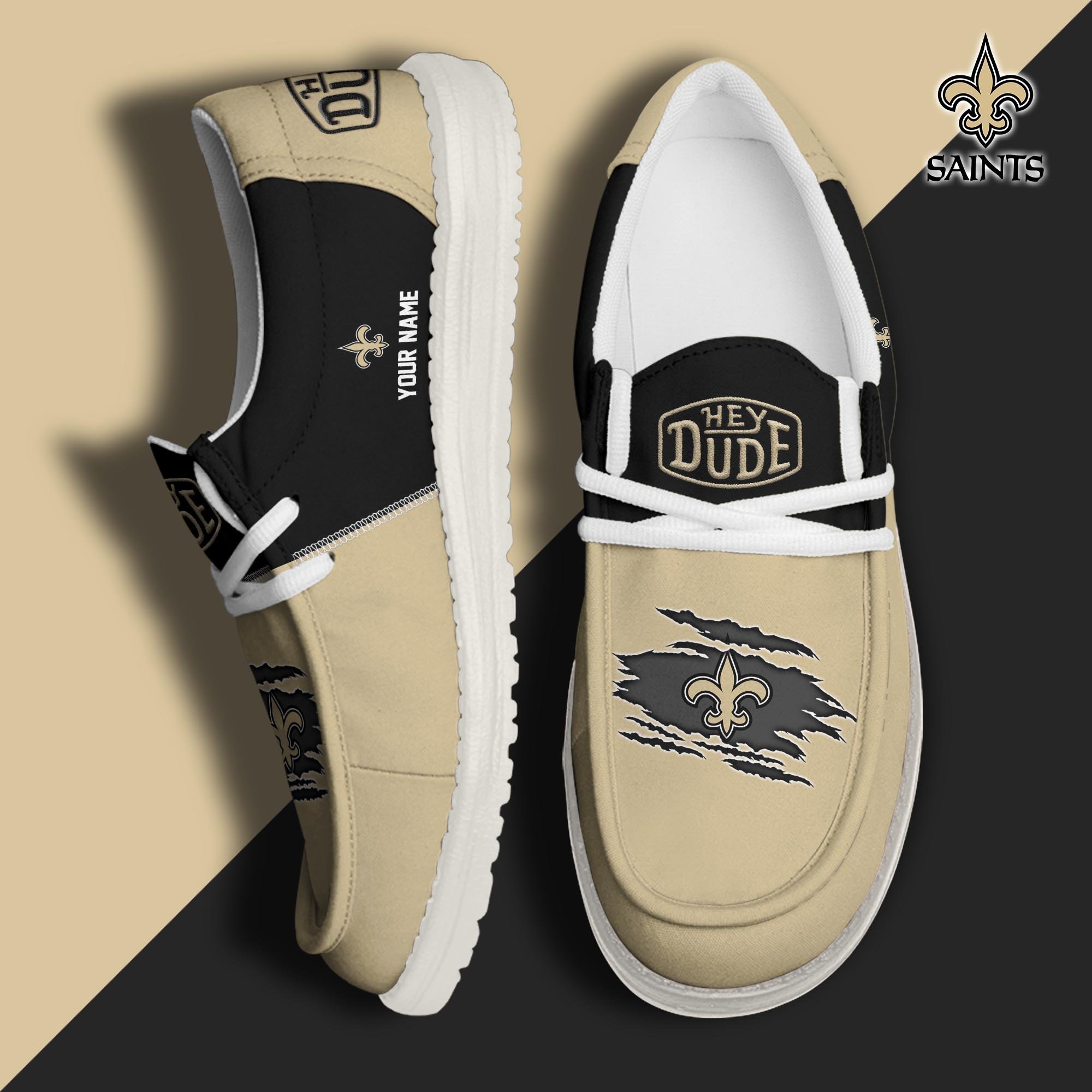 New Orleans Saints Football Hey Dude Canvas Loafer Shoes Custom Your Name, Sport Shoes For Fan, Fan Gifts ETUA-61026