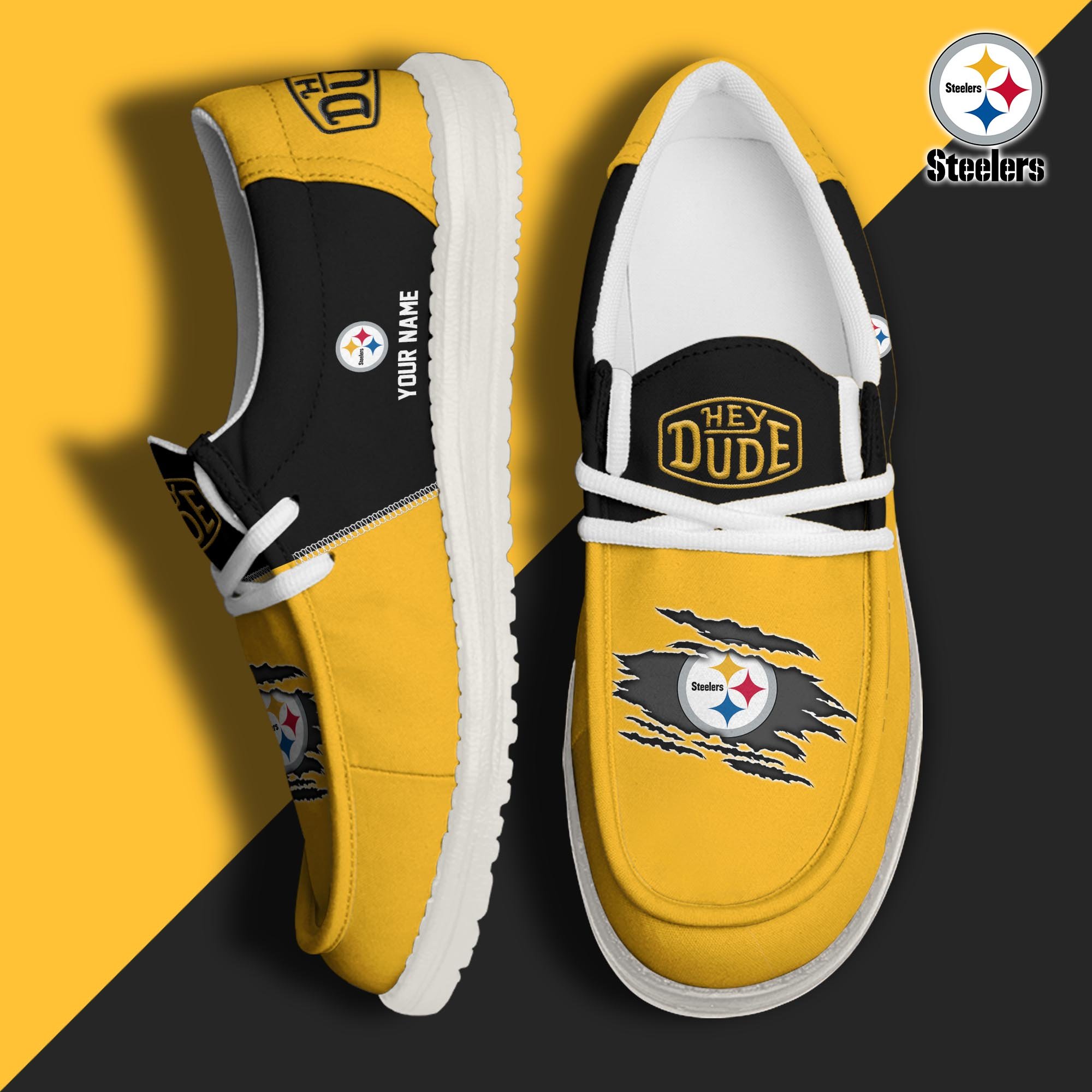 Pittsburgh Steelers Football Hey Dude Canvas Loafer Shoes Custom Your Name, Sport Shoes For Fan, Fan Gifts ETUA-61026