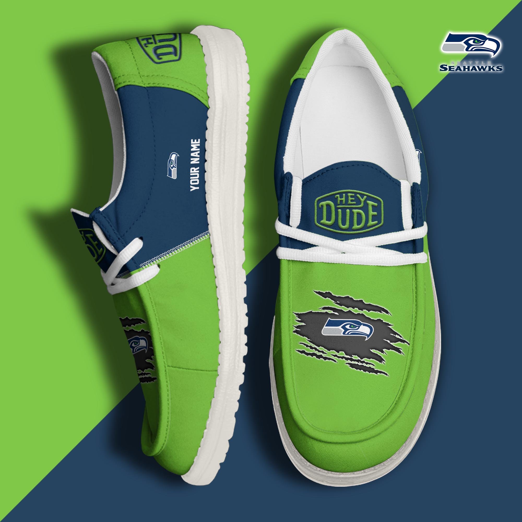 Seattle Seahawks Football Hey Dude Canvas Loafer Shoes Custom Your Name, Sport Shoes For Fan, Fan Gifts ETUA-61026