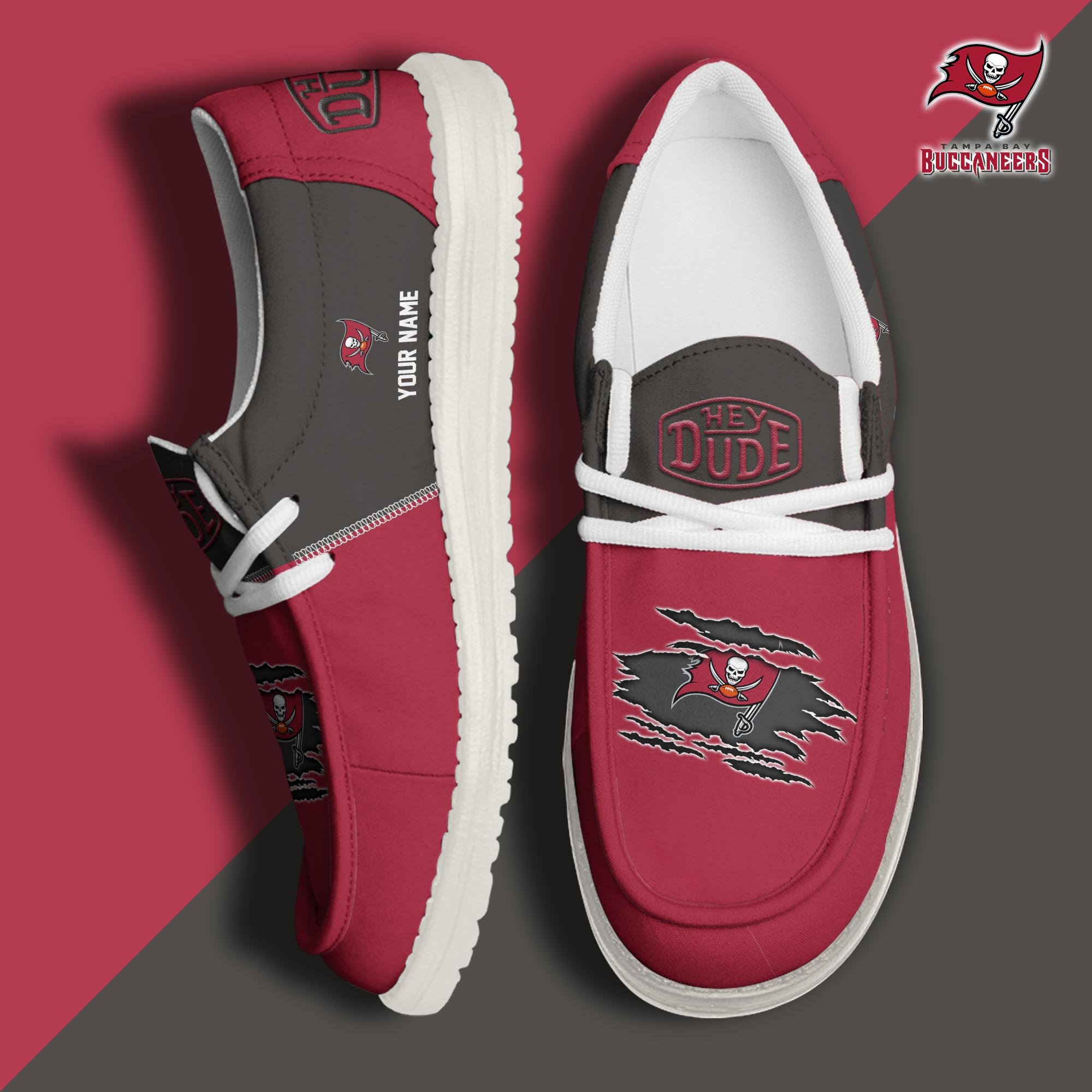 Tampa Bay Buccaneers Football Hey Dude Canvas Loafer Shoes Custom Your Name, Sport Shoes For Fan, Fan Gifts ETUA-61026