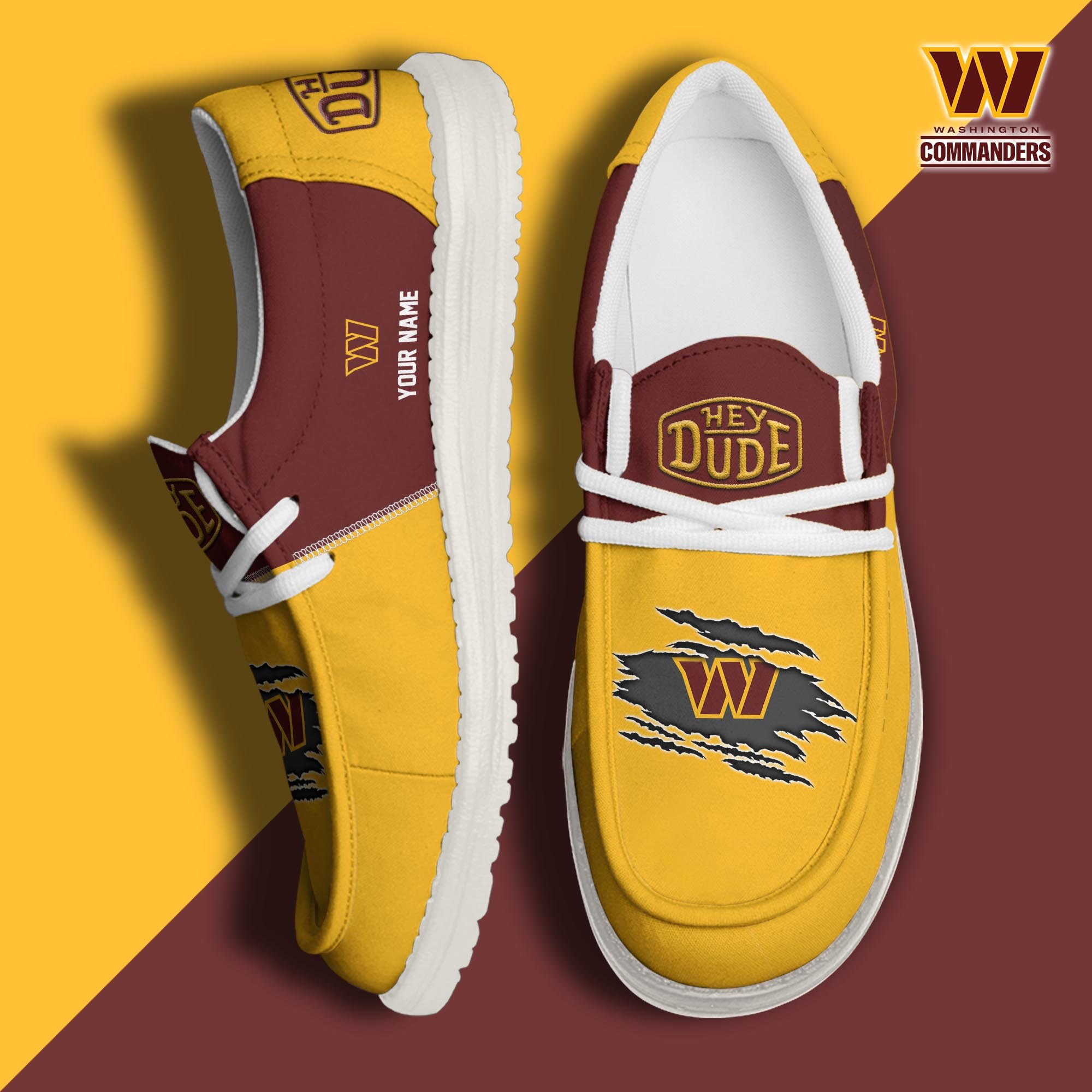 Washington Commanders Football Hey Dude Canvas Loafer Shoes Custom Your Name, Sport Shoes For Fan, Fan Gifts ETUA-61026