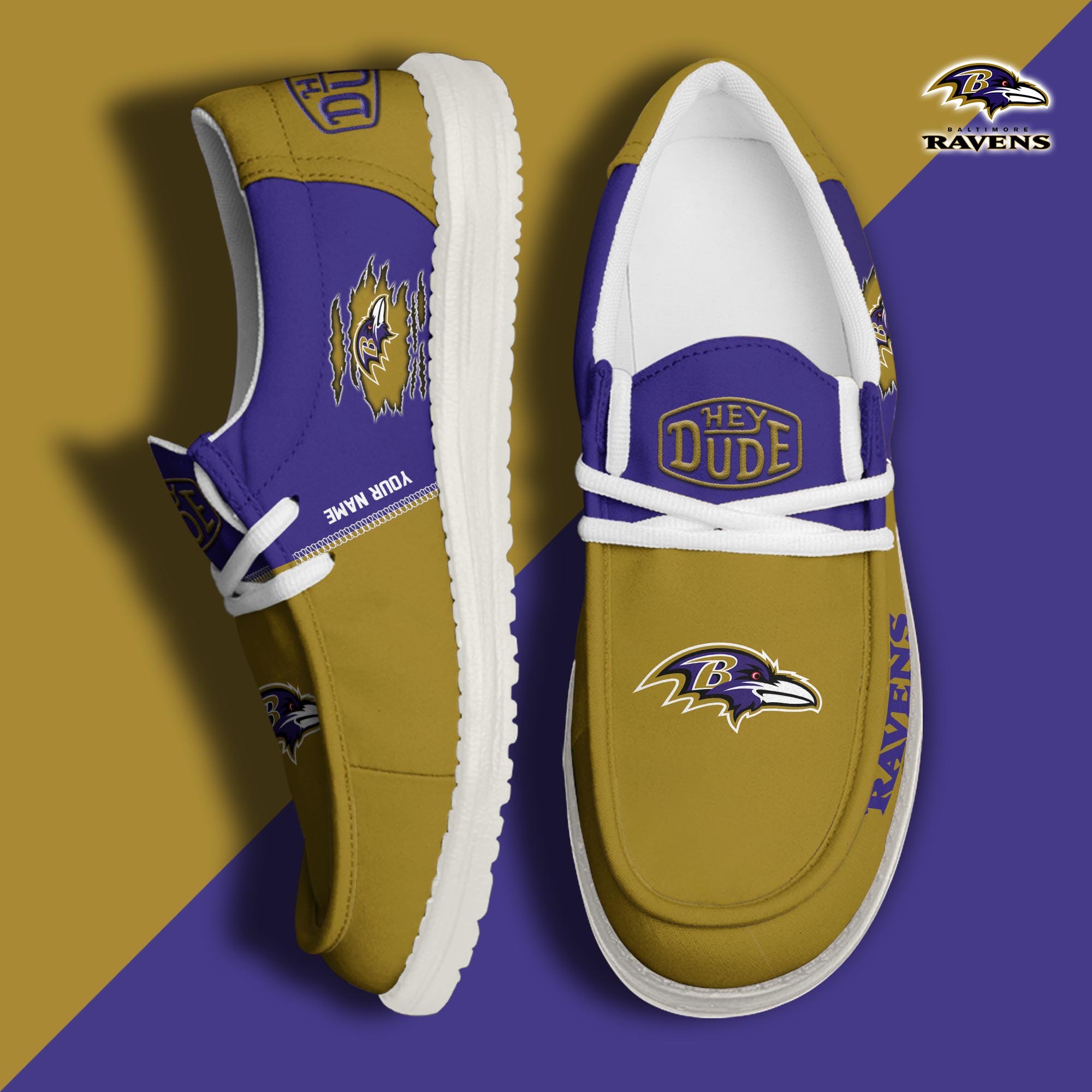 Baltimore Ravens Football Hey Dude Canvas Loafer Shoes Custom Your Name, Sport Shoes For Fan, Fan Gifts ETUA-61055