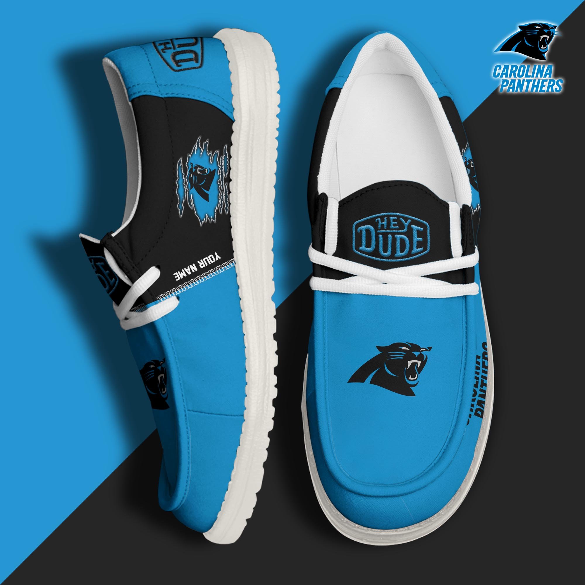 Carolina Panthers Football Hey Dude Canvas Loafer Shoes Custom Your Name, Sport Shoes For Fan, Fan Gifts ETUA-61055