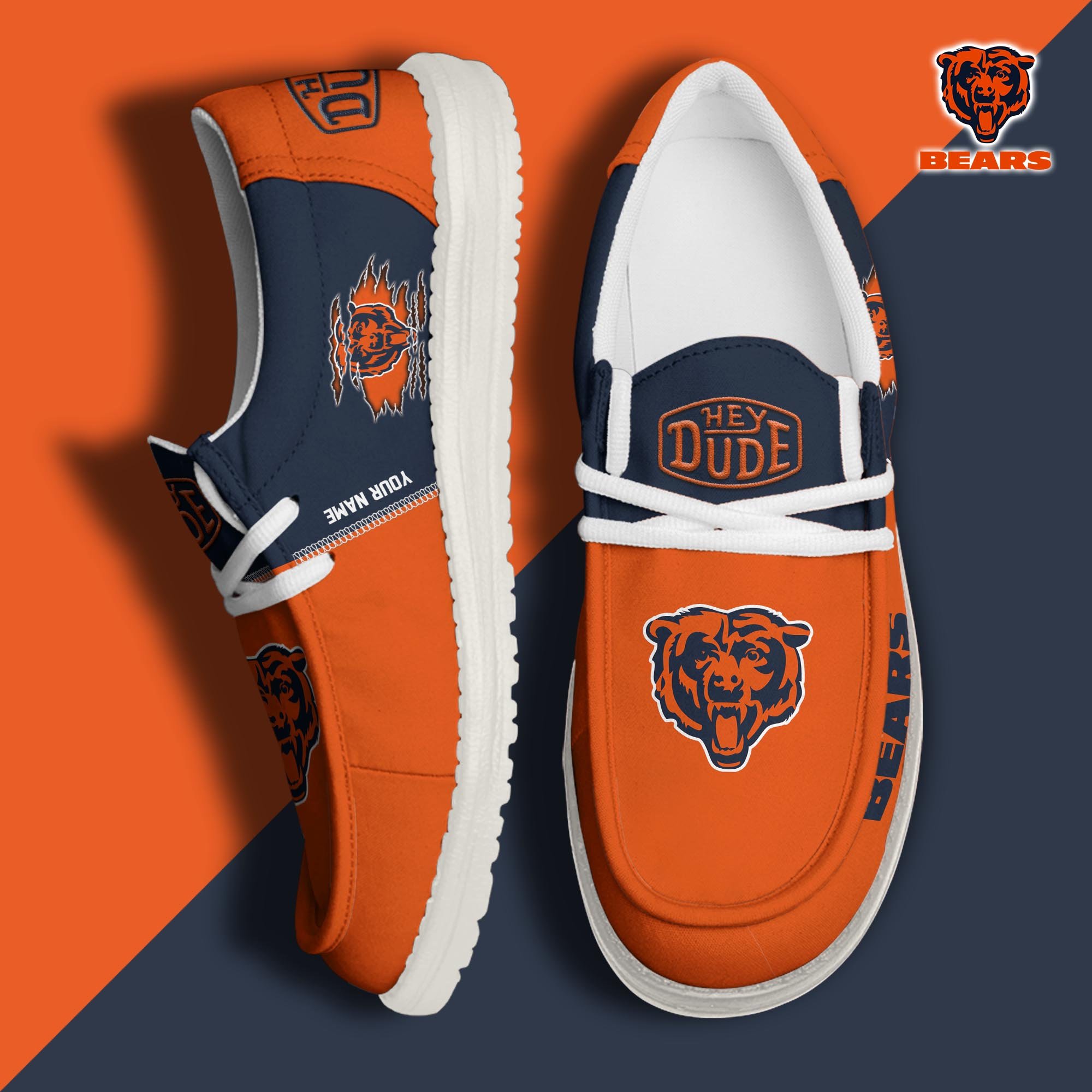 Chicago Bears Football Hey Dude Canvas Loafer Shoes Custom Your Name, Sport Shoes For Fan, Fan Gifts ETUA-61055