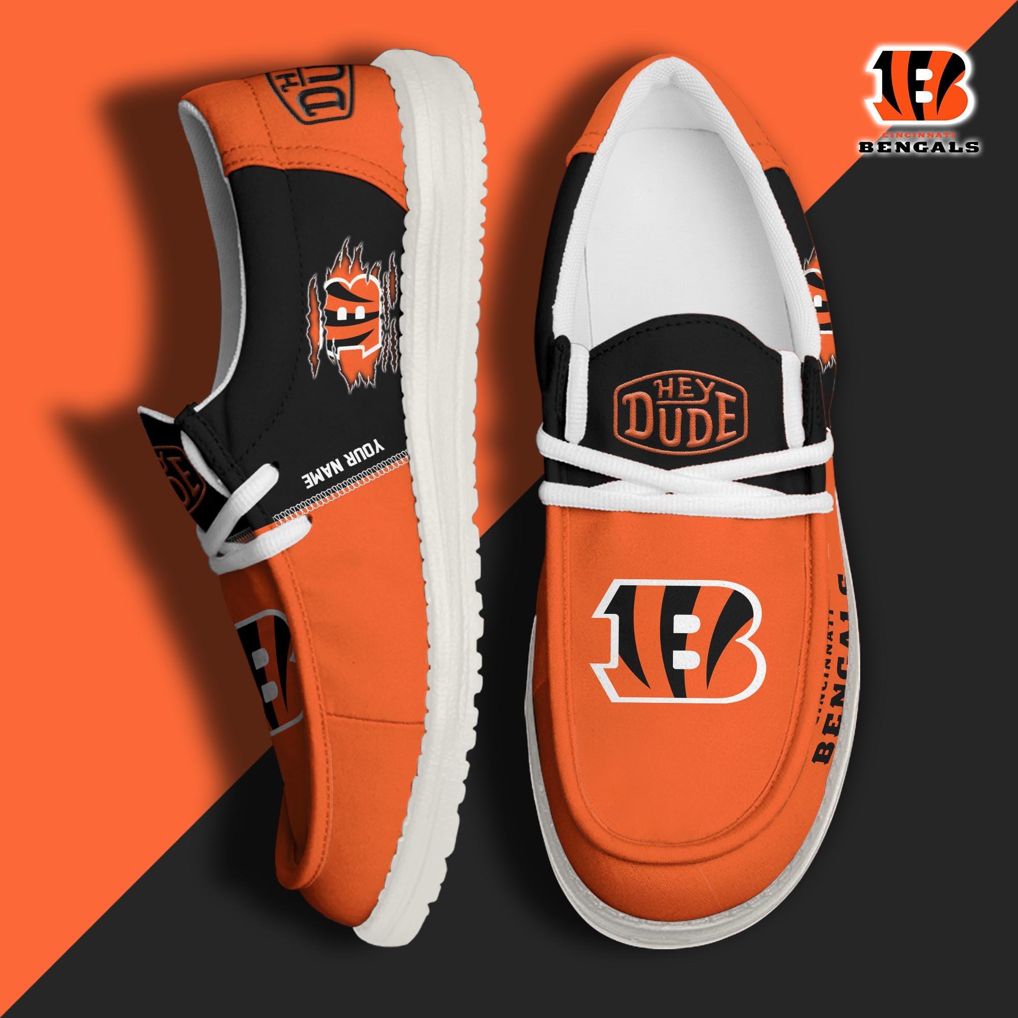 Cincinnati Bengals Football Hey Dude Canvas Loafer Shoes Custom Your Name, Sport Shoes For Fan, Fan Gifts ETUA-61055