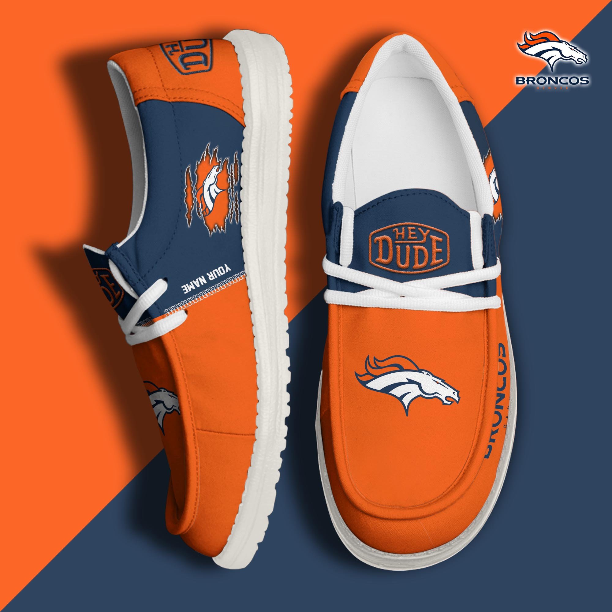 Denver Broncos Football Hey Dude Canvas Loafer Shoes Custom Your Name, Sport Shoes For Fan, Fan Gifts ETUA-61055