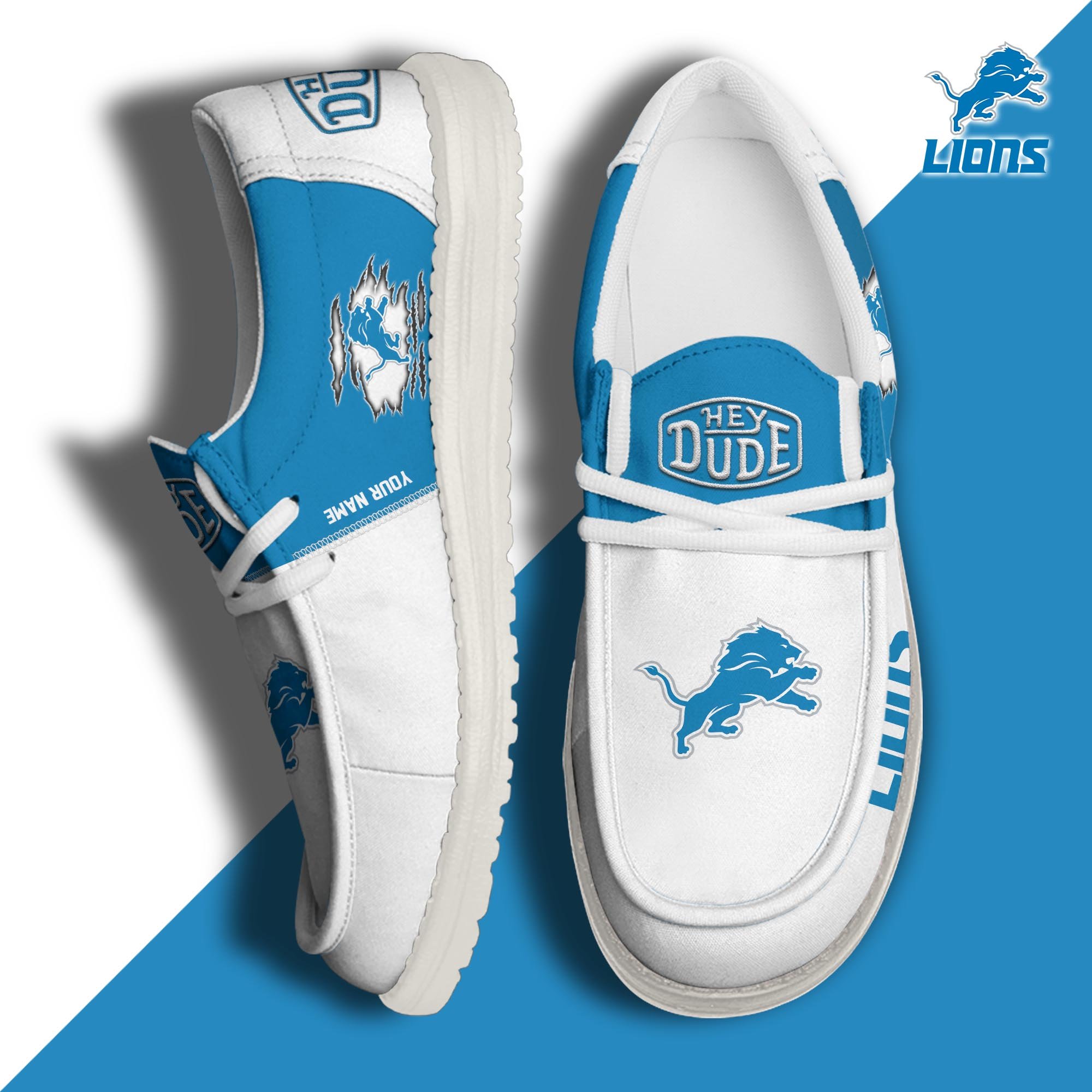 Detroit Lions Football Hey Dude Canvas Loafer Shoes Custom Your Name, Sport Shoes For Fan, Fan Gifts ETUA-61055