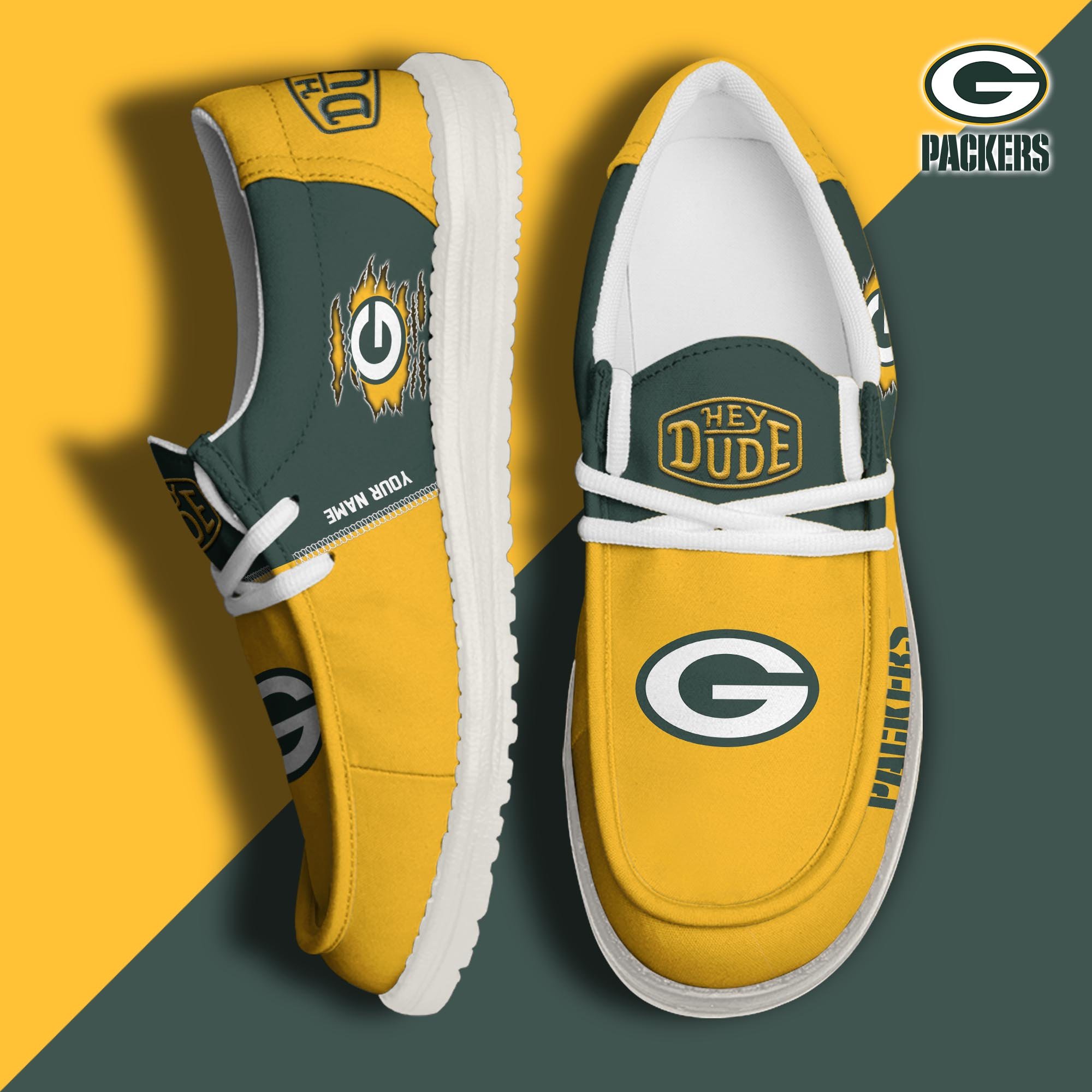 Green Bay Packers Football Hey Dude Canvas Loafer Shoes Custom Your Name, Sport Shoes For Fan, Fan Gifts ETUA-61055