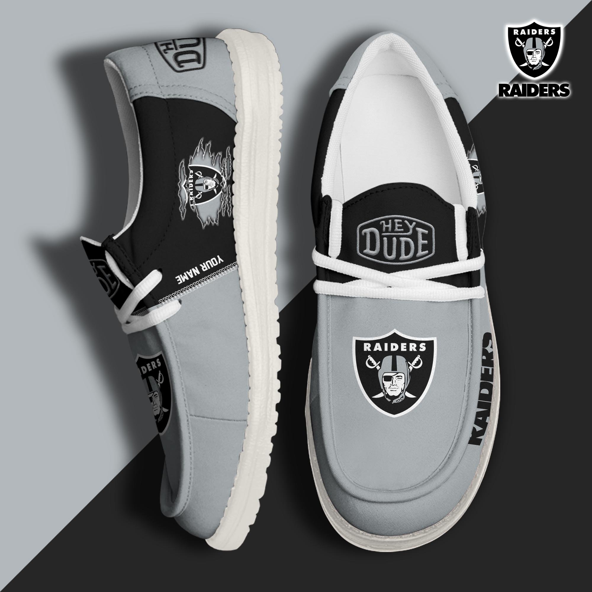 Las Vegas Raiders Football Hey Dude Canvas Loafer Shoes Custom Your Name, Sport Shoes For Fan, Fan Gifts ETUA-61055