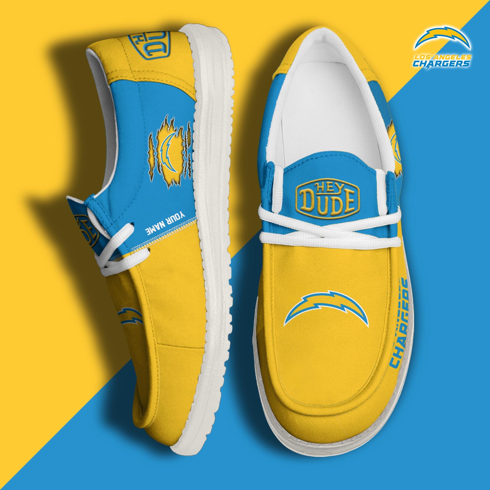 Los Angeles Chargers Football Hey Dude Canvas Loafer Shoes Custom Your Name, Sport Shoes For Fan, Fan Gifts ETUA-61055