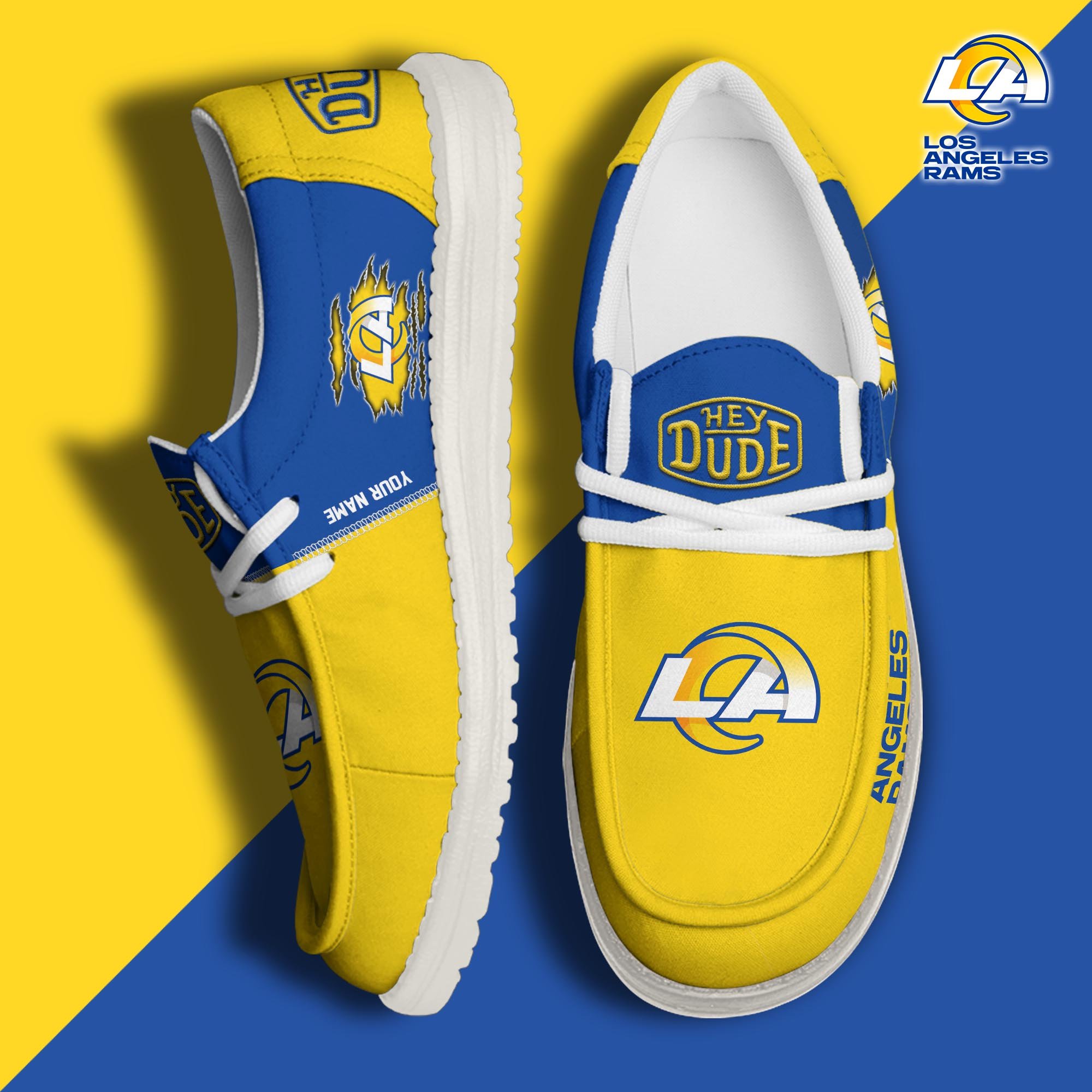 Los Angeles Rams Football Hey Dude Canvas Loafer Shoes Custom Your Name, Sport Shoes For Fan, Fan Gifts ETUA-61055