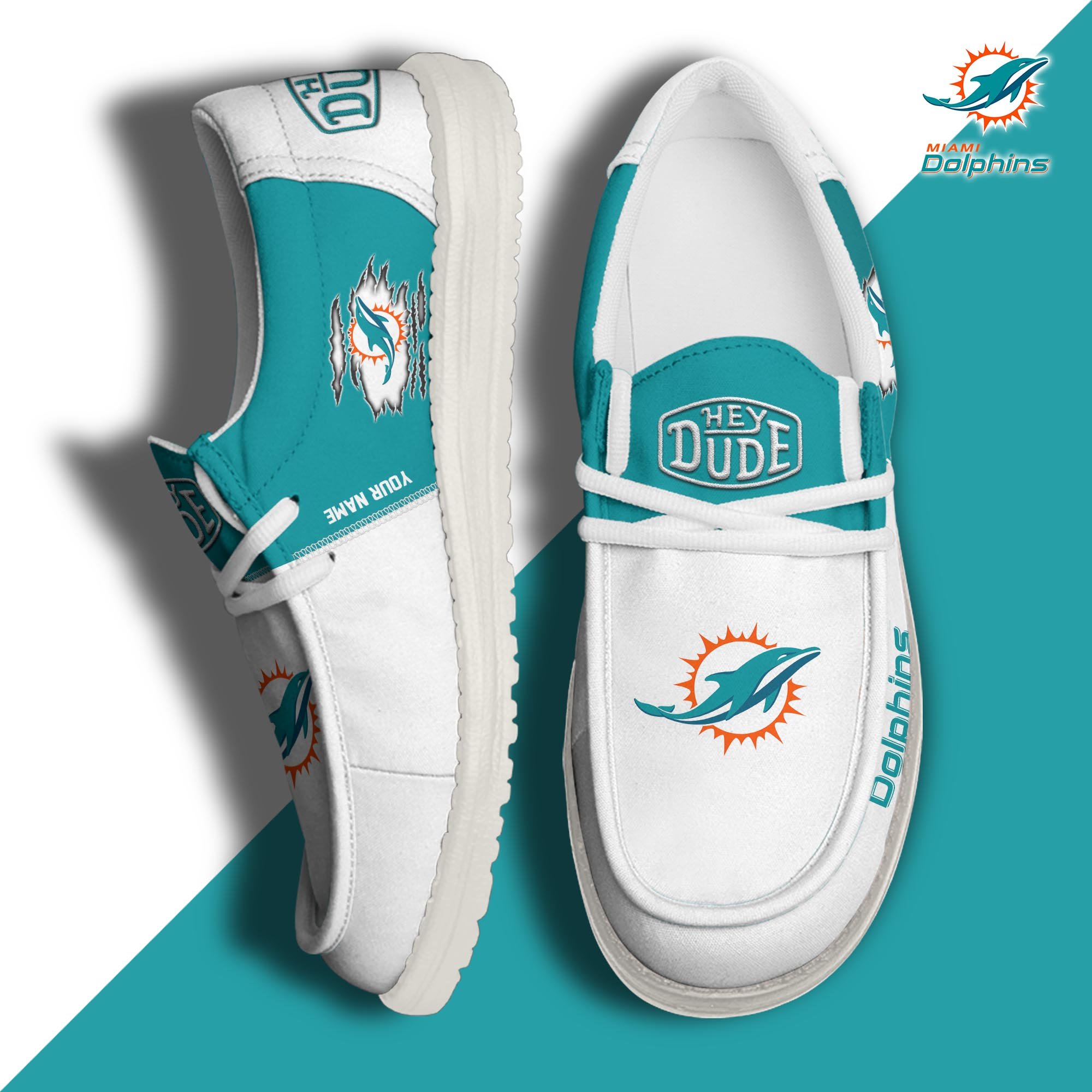 Miami Dolphins Football Hey Dude Canvas Loafer Shoes Custom Your Name, Sport Shoes For Fan, Fan Gifts ETUA-61055