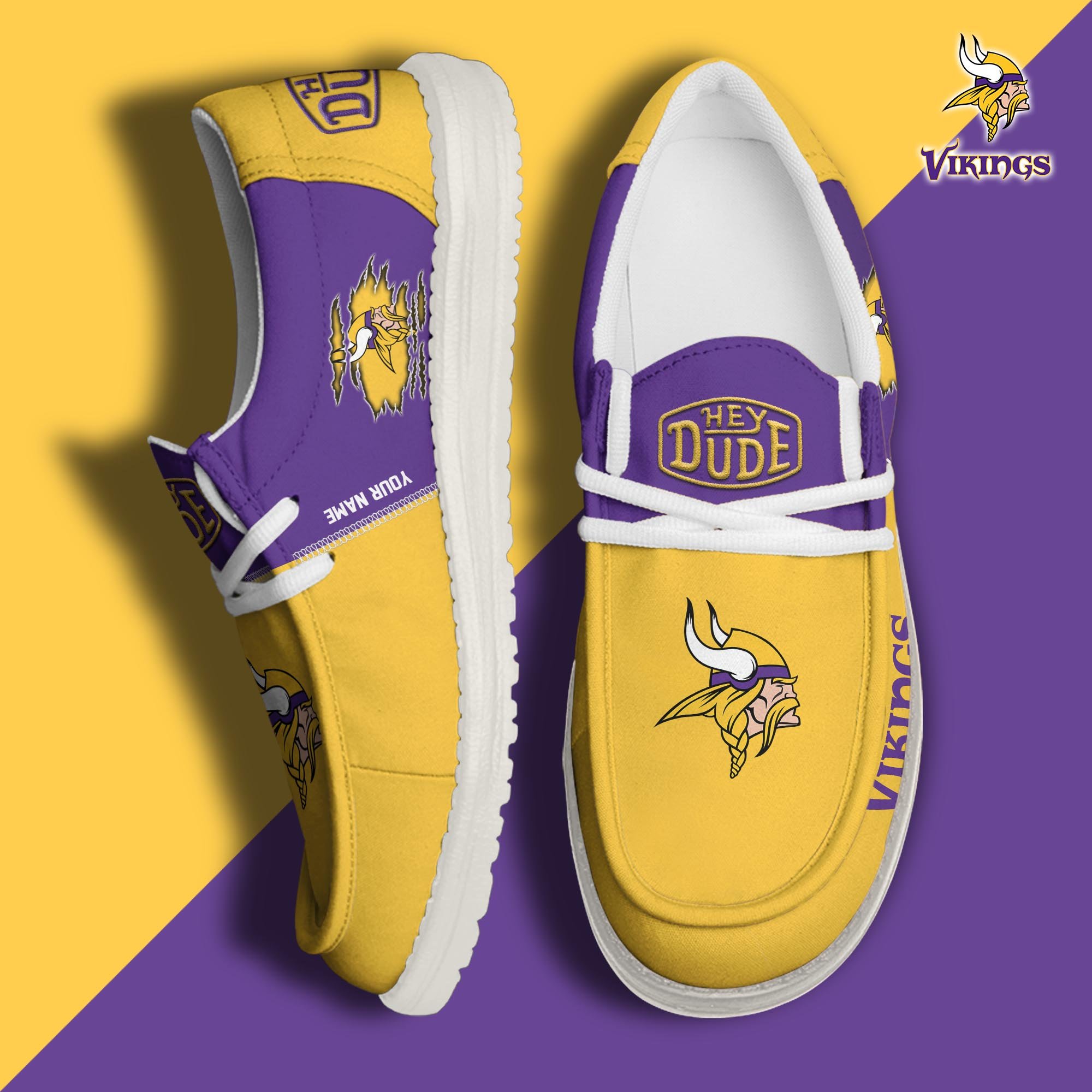 Minnesota Vikings Football Hey Dude Canvas Loafer Shoes Custom Your Name, Sport Shoes For Fan, Fan Gifts ETUA-61055