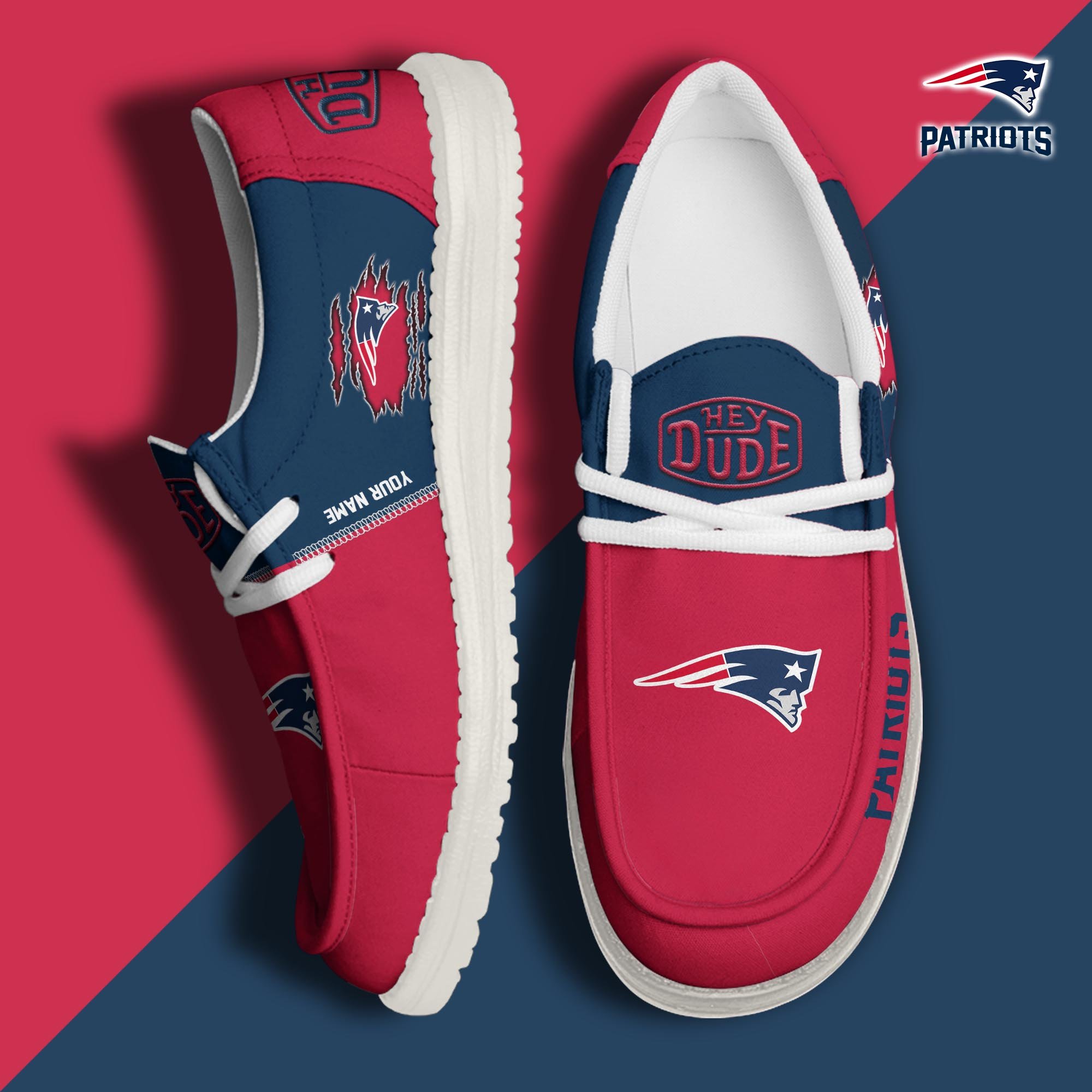 New England Patriots Football Hey Dude Canvas Loafer Shoes Custom Your Name, Sport Shoes For Fan, Fan Gifts ETUA-61055