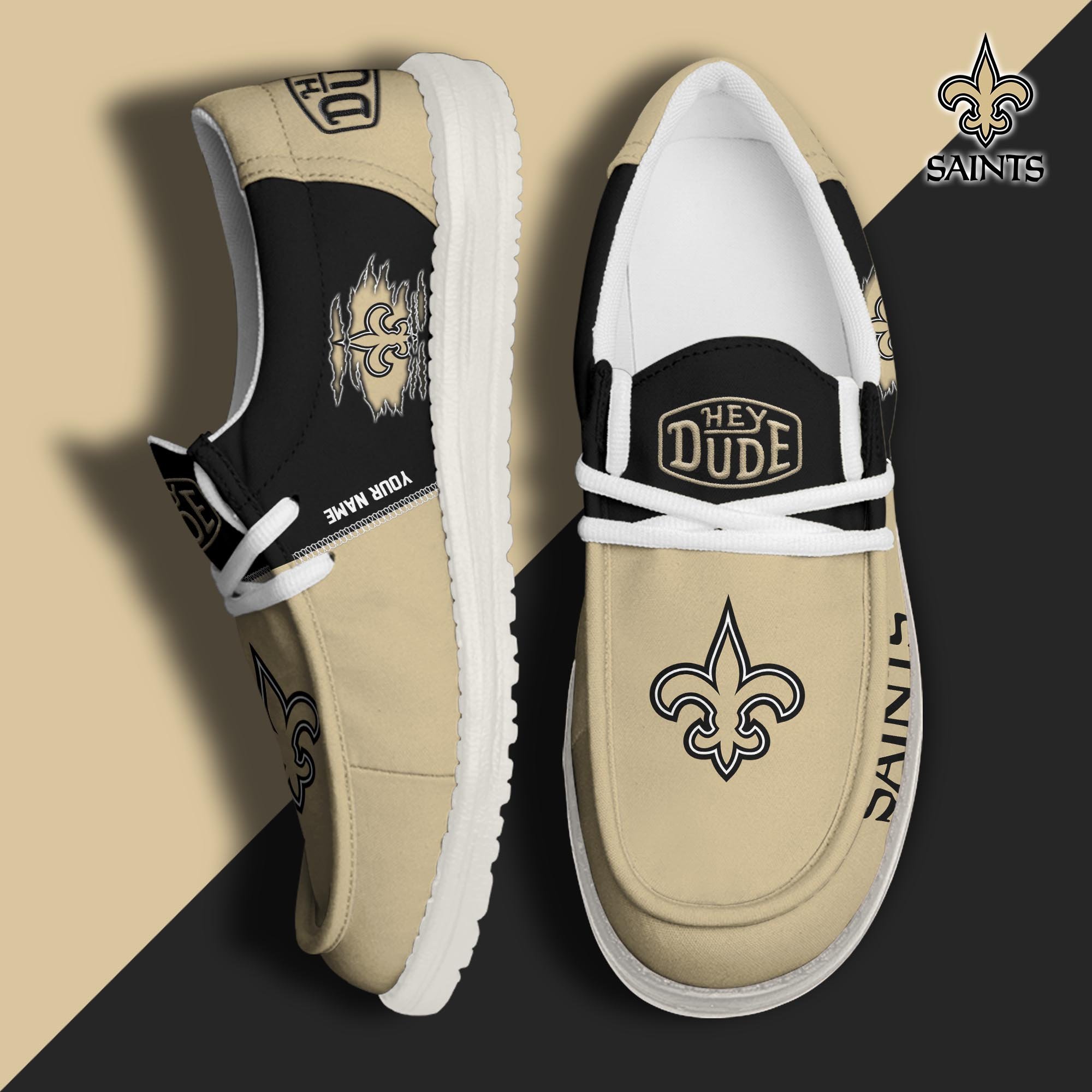 New Orleans Saints Football Hey Dude Canvas Loafer Shoes Custom Your Name, Sport Shoes For Fan, Fan Gifts ETUA-61055