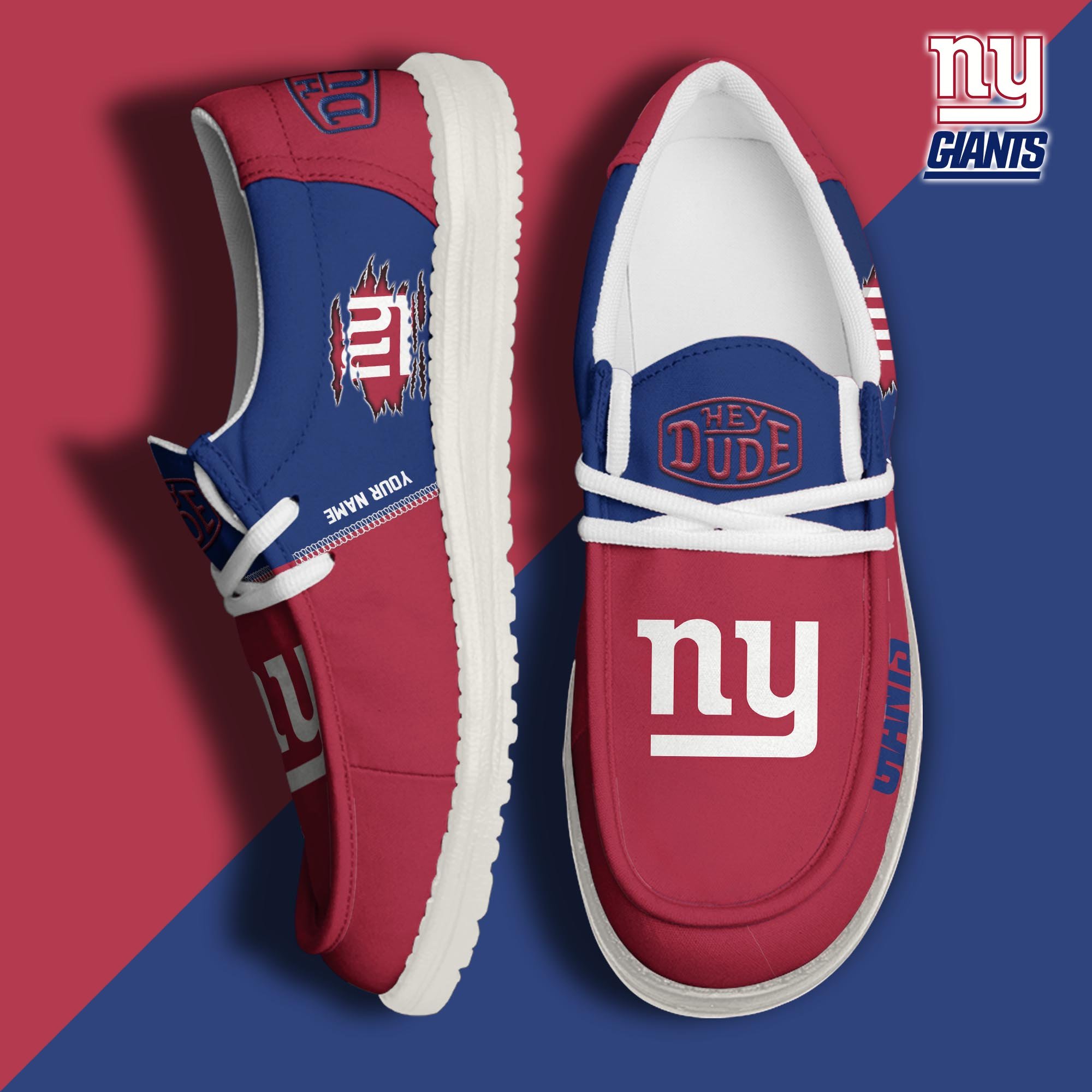 New York Giants Football Hey Dude Canvas Loafer Shoes Custom Your Name, Sport Shoes For Fan, Fan Gifts ETUA-61055