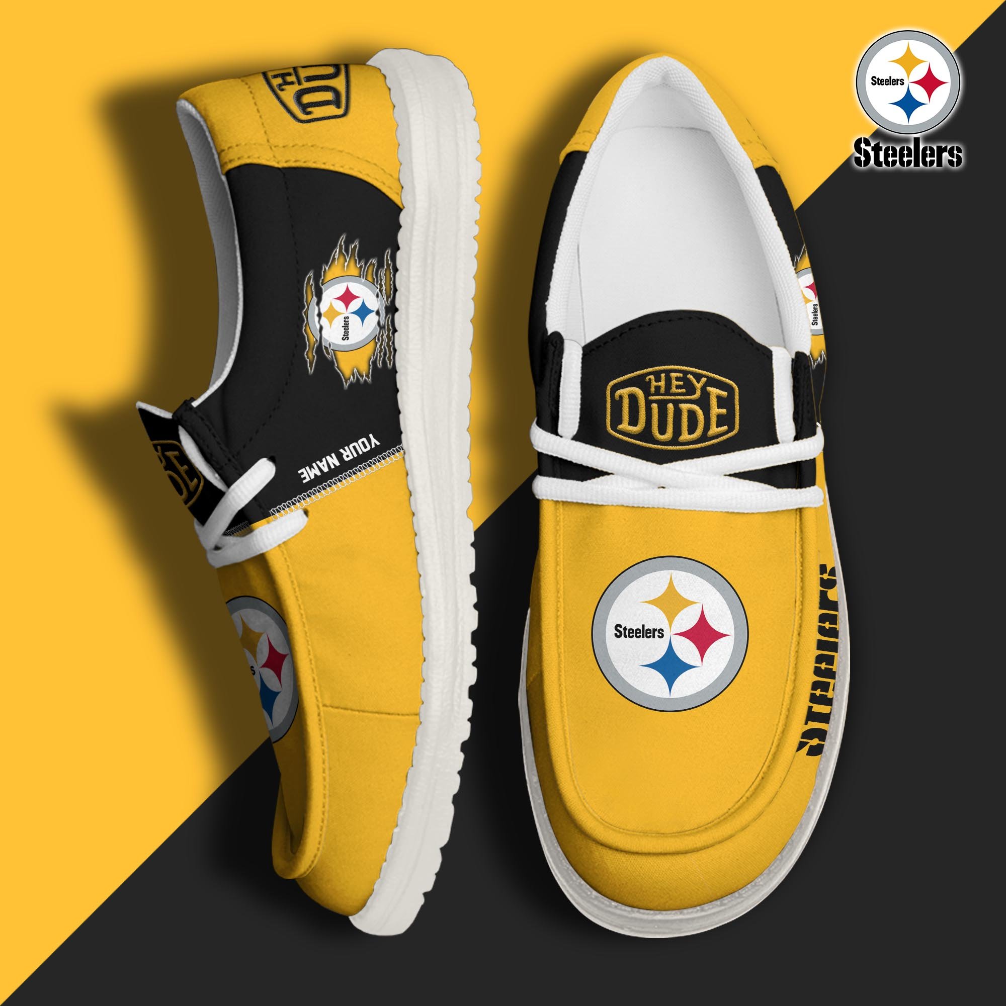 Pittsburgh Steelers Football Hey Dude Canvas Loafer Shoes Custom Your Name, Sport Shoes For Fan, Fan Gifts ETUA-61055