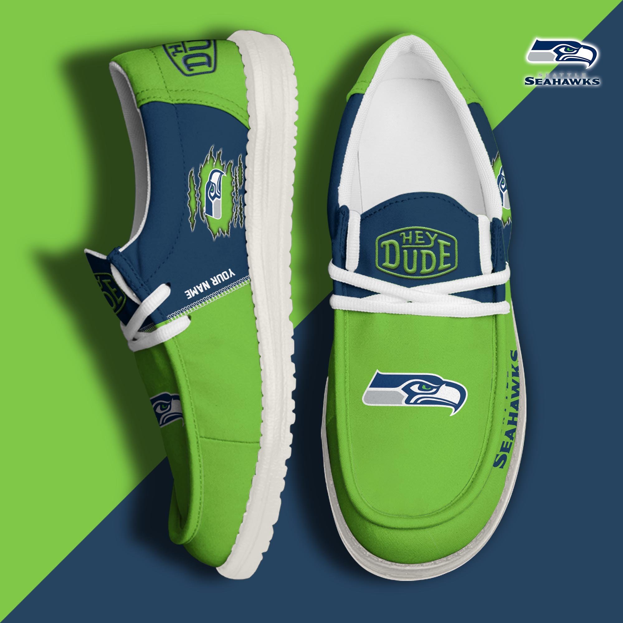 Seattle Seahawks Football Hey Dude Canvas Loafer Shoes Custom Your Name, Sport Shoes For Fan, Fan Gifts ETUA-61055