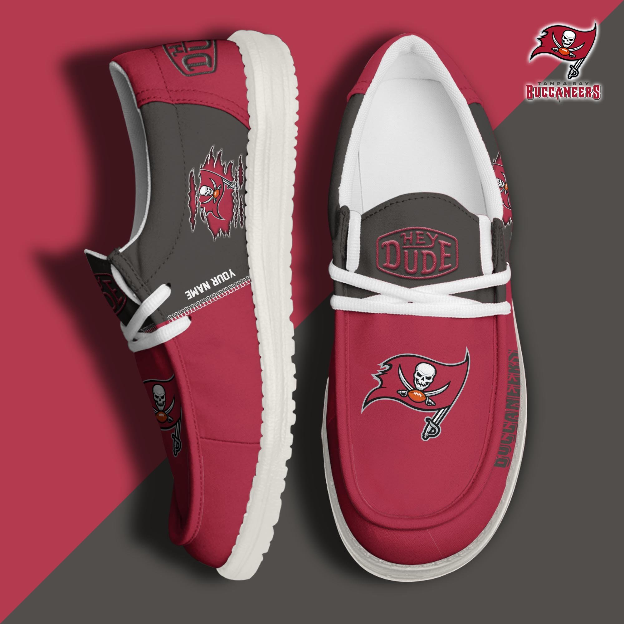 Tampa Bay Buccaneers Football Hey Dude Canvas Loafer Shoes Custom Your Name, Sport Shoes For Fan, Fan Gifts ETUA-61055