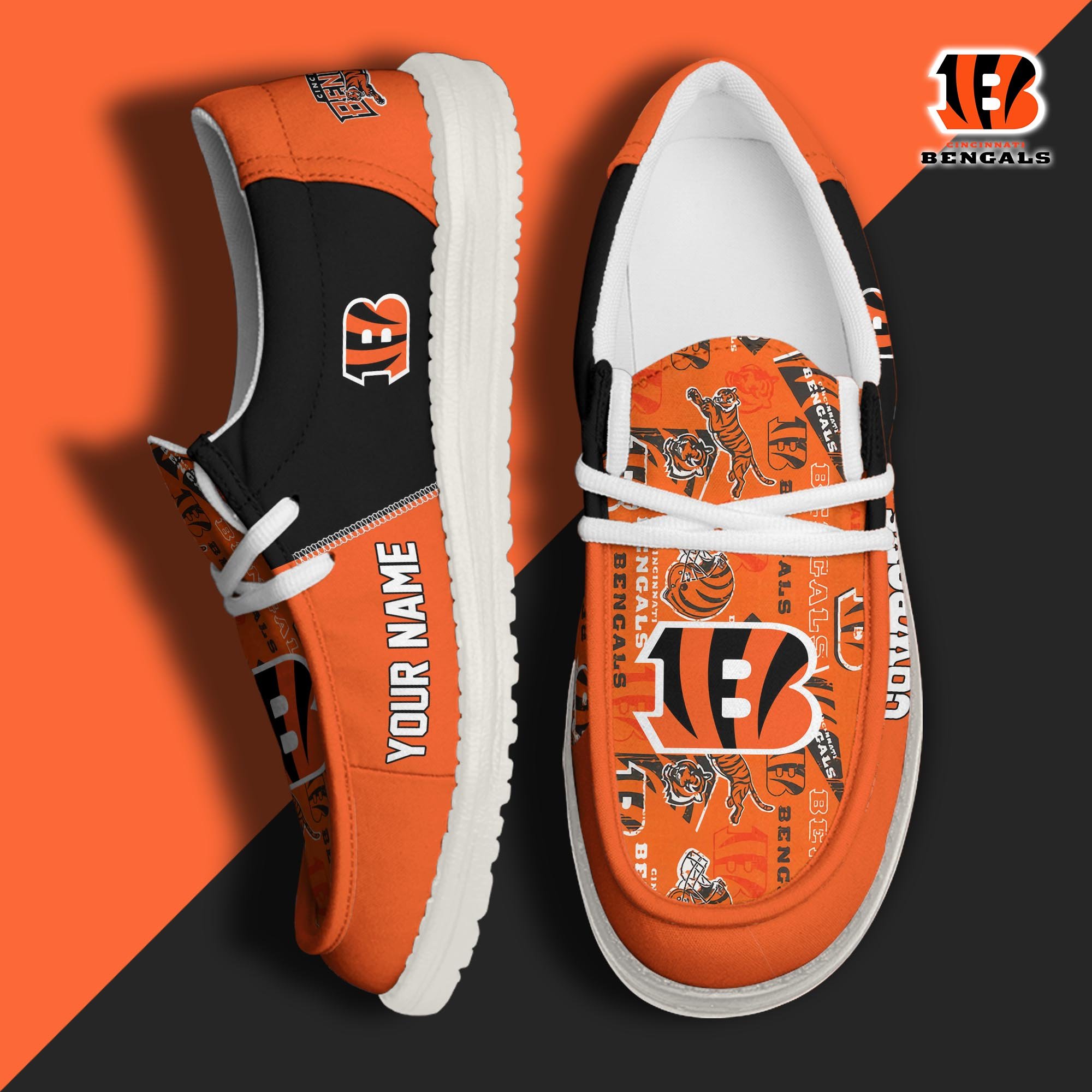 Cincinnati Bengals Football Hey Dude Canvas Loafer Shoes Custom Your Name, Sport Shoes For Fan, Fan Gifts ETUA-61098