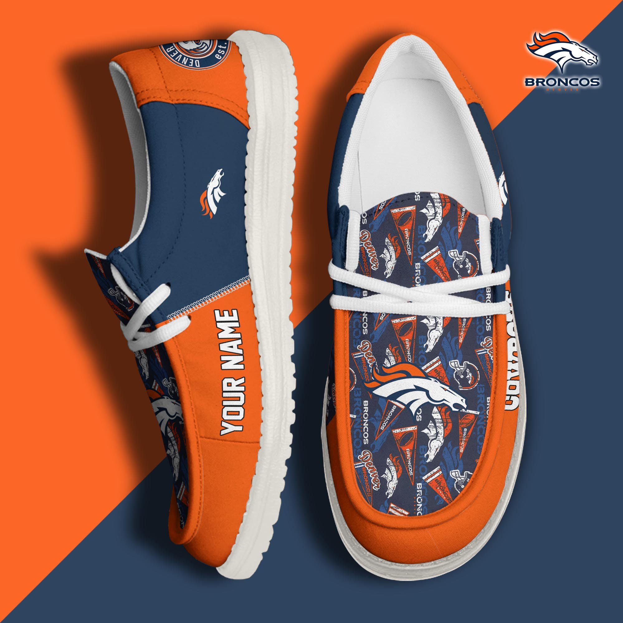 Denver Broncos Football Hey Dude Canvas Loafer Shoes Custom Your Name, Sport Shoes For Fan, Fan Gifts ETUA-61098