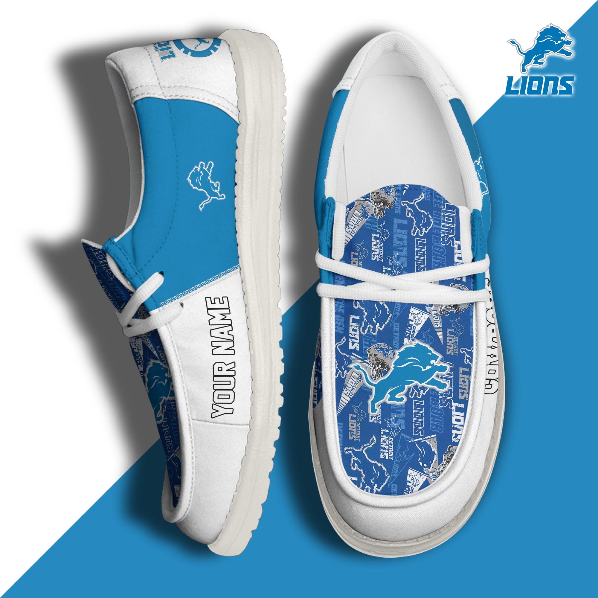 Detroit Lions Football Hey Dude Canvas Loafer Shoes Custom Your Name, Sport Shoes For Fan, Fan Gifts ETUA-61098