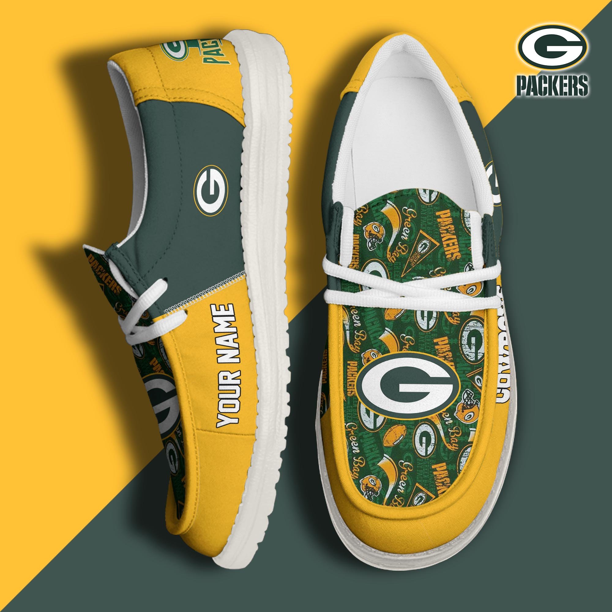 Green Bay Packers Football Hey Dude Canvas Loafer Shoes Custom Your Name, Sport Shoes For Fan, Fan Gifts ETUA-61098