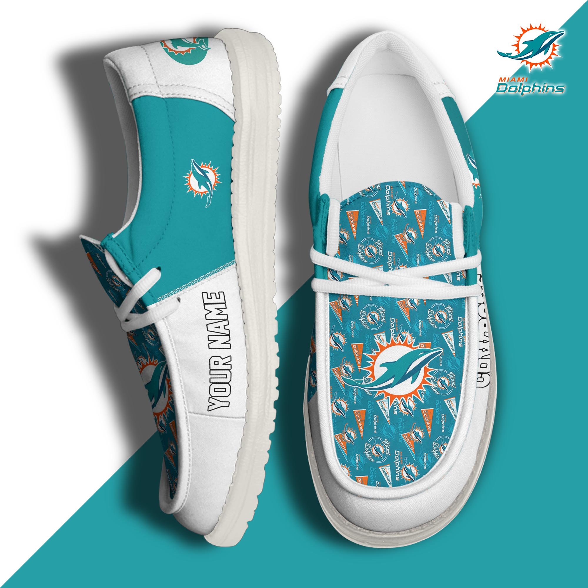 Miami Dolphins Football Hey Dude Canvas Loafer Shoes Custom Your Name, Sport Shoes For Fan, Fan Gifts ETUA-61098