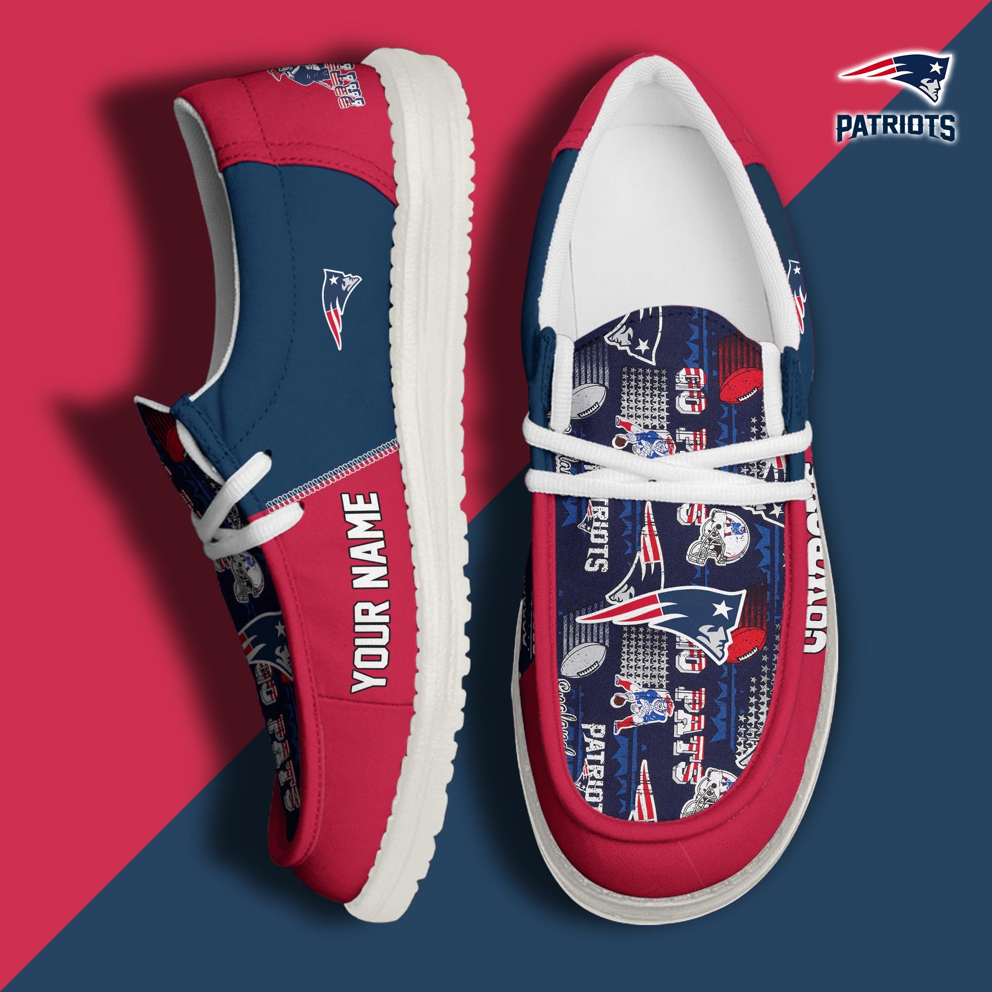 New England Patriots Football Hey Dude Canvas Loafer Shoes Custom Your Name, Sport Shoes For Fan, Fan Gifts ETUA-61098