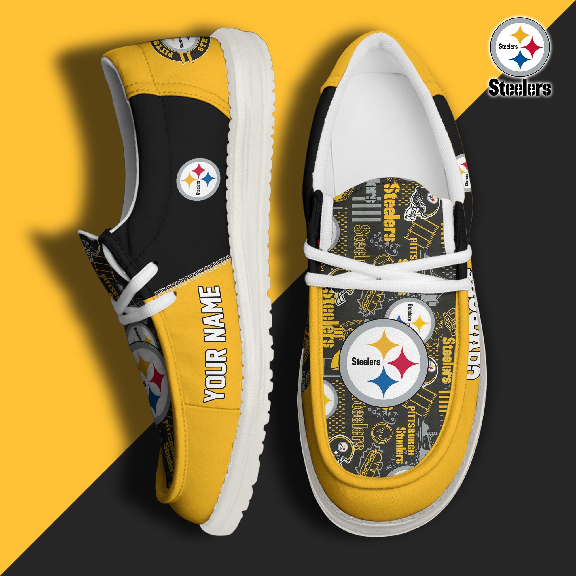 Pittsburgh Steelers Football Hey Dude Canvas Loafer Shoes Custom Your Name, Sport Shoes For Fan, Fan Gifts ETUA-61098