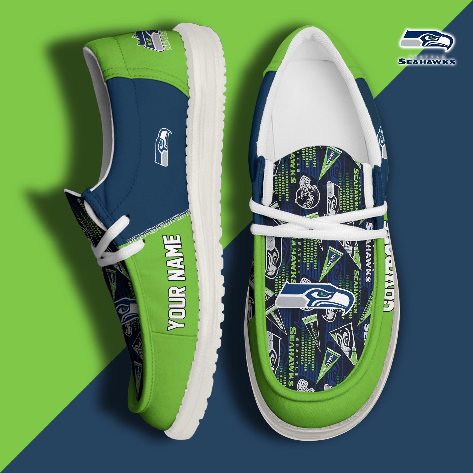 Seattle Seahawks Football Hey Dude Canvas Loafer Shoes Custom Your Name, Sport Shoes For Fan, Fan Gifts ETUA-61098