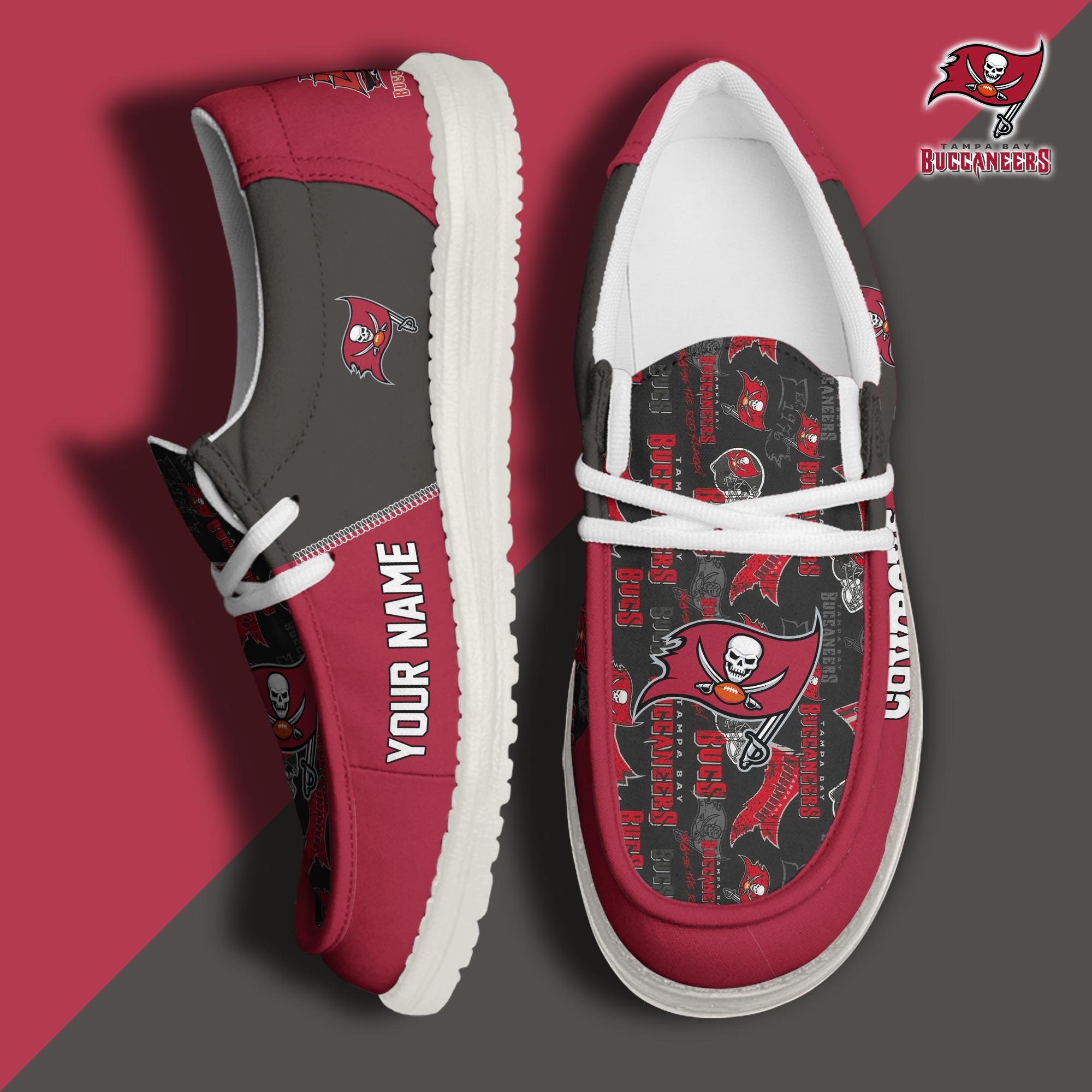 Tampa Bay Buccaneers Football Hey Dude Canvas Loafer Shoes Custom Your Name, Sport Shoes For Fan, Fan Gifts ETUA-61098