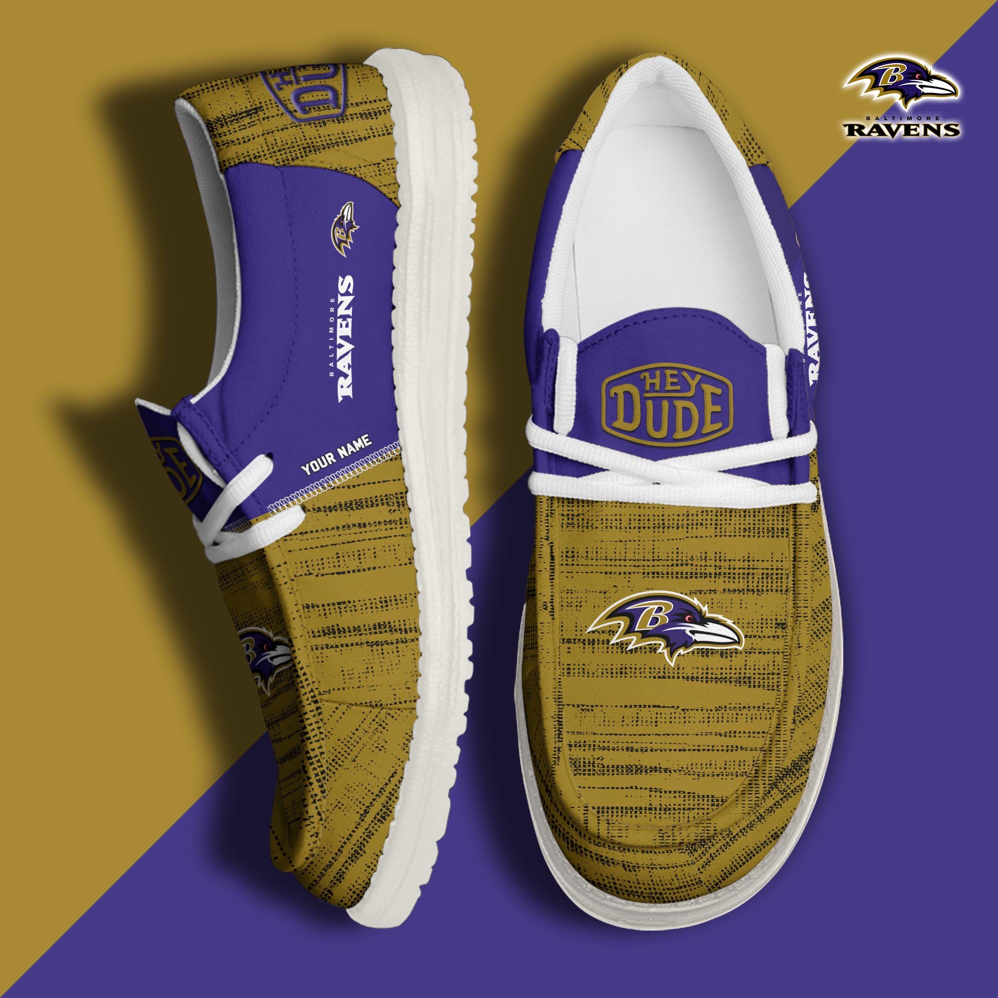 Baltimore Ravens Football Hey Dude Canvas Loafer Shoes Custom Your Name, Sport Shoes For Fan, Fan Gifts ETUA-61160