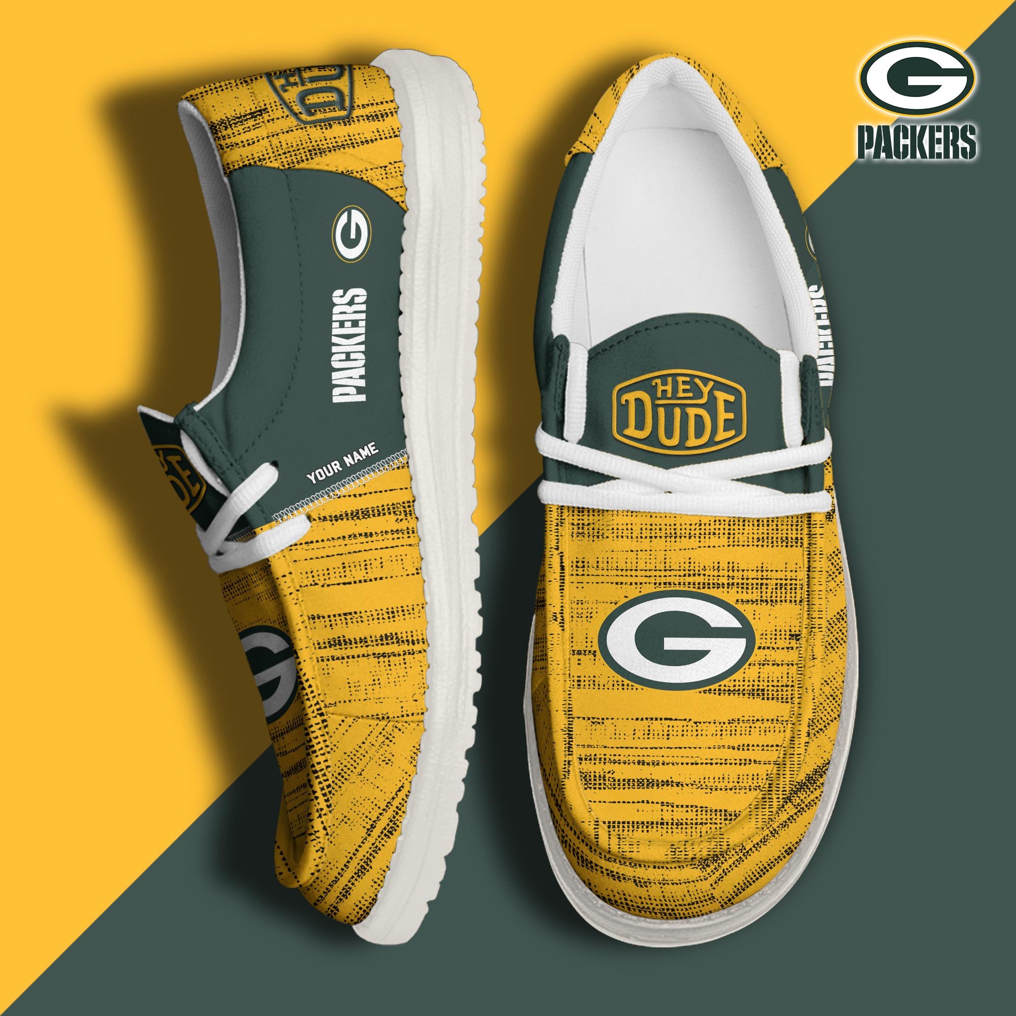 Green Bay Packers Football Hey Dude Canvas Loafer Shoes Custom Your Name, Sport Shoes For Fan, Fan Gifts ETUA-61160