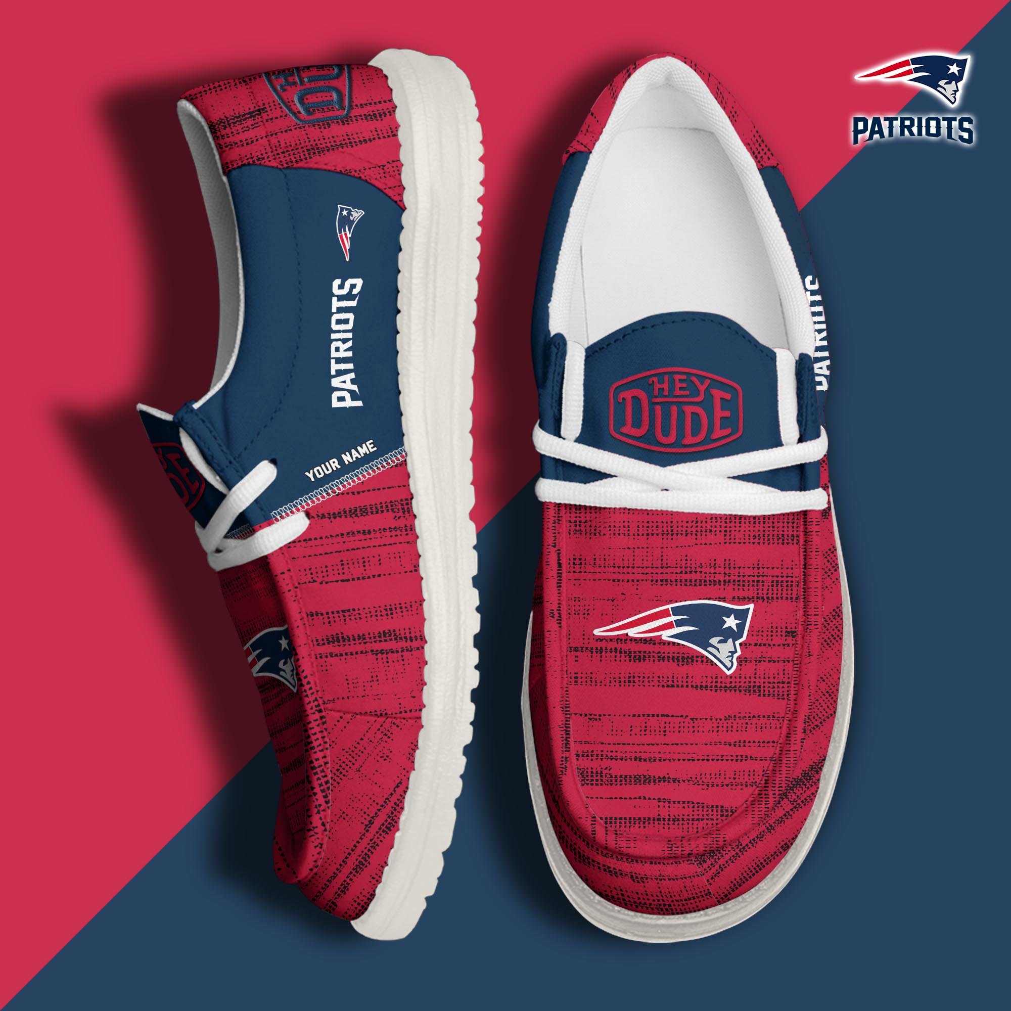 New England Patriots Football Hey Dude Canvas Loafer Shoes Custom Your Name, Sport Shoes For Fan, Fan Gifts ETUA-61160