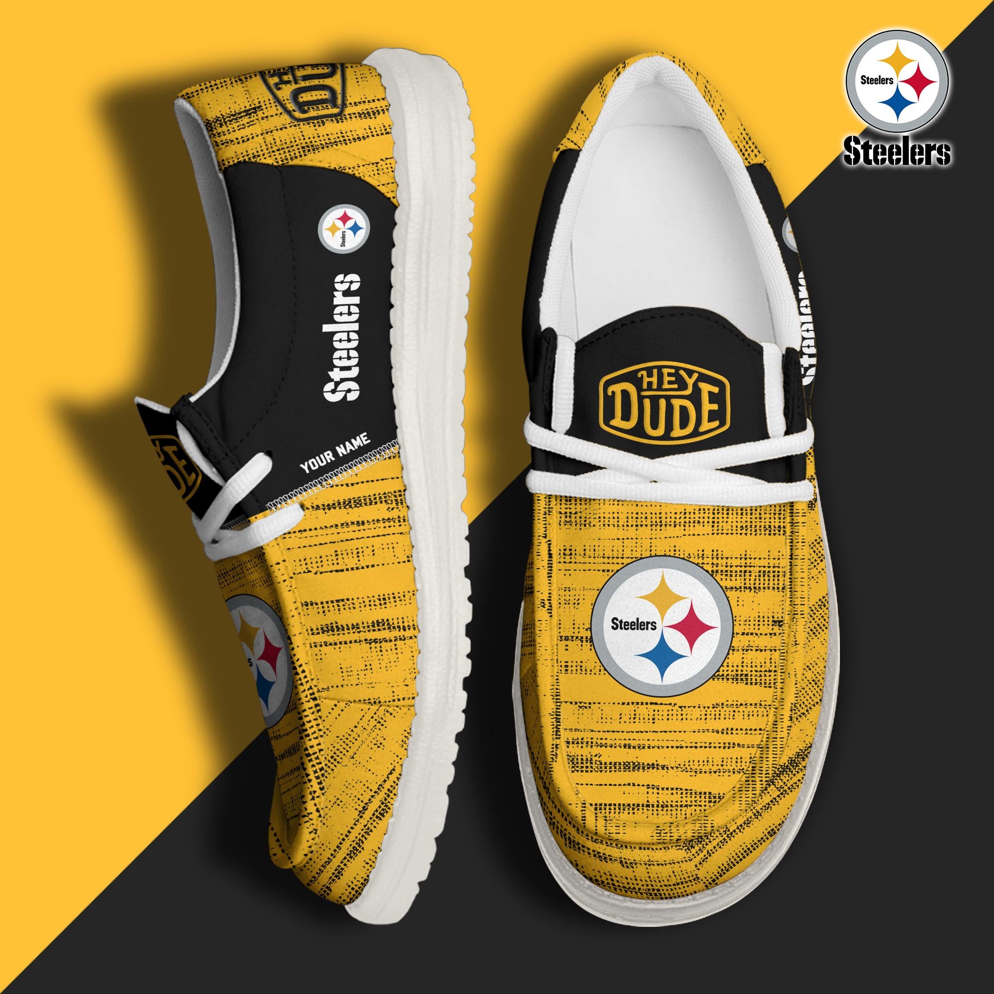 Pittsburgh Steelers Football Hey Dude Canvas Loafer Shoes Custom Your Name, Sport Shoes For Fan, Fan Gifts ETUA-61160