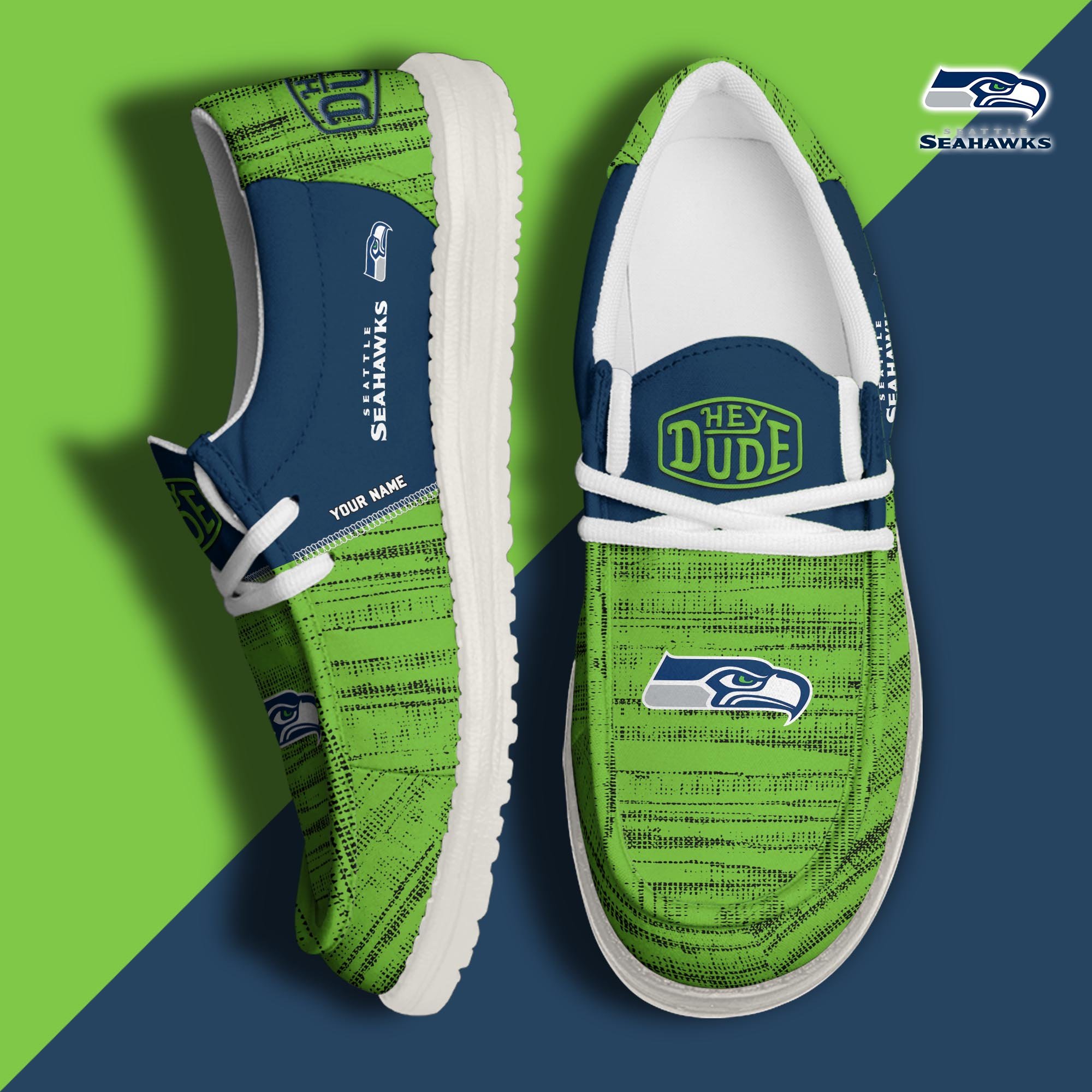 Seattle Seahawks Football Hey Dude Canvas Loafer Shoes Custom Your Name, Sport Shoes For Fan, Fan Gifts ETUA-61160