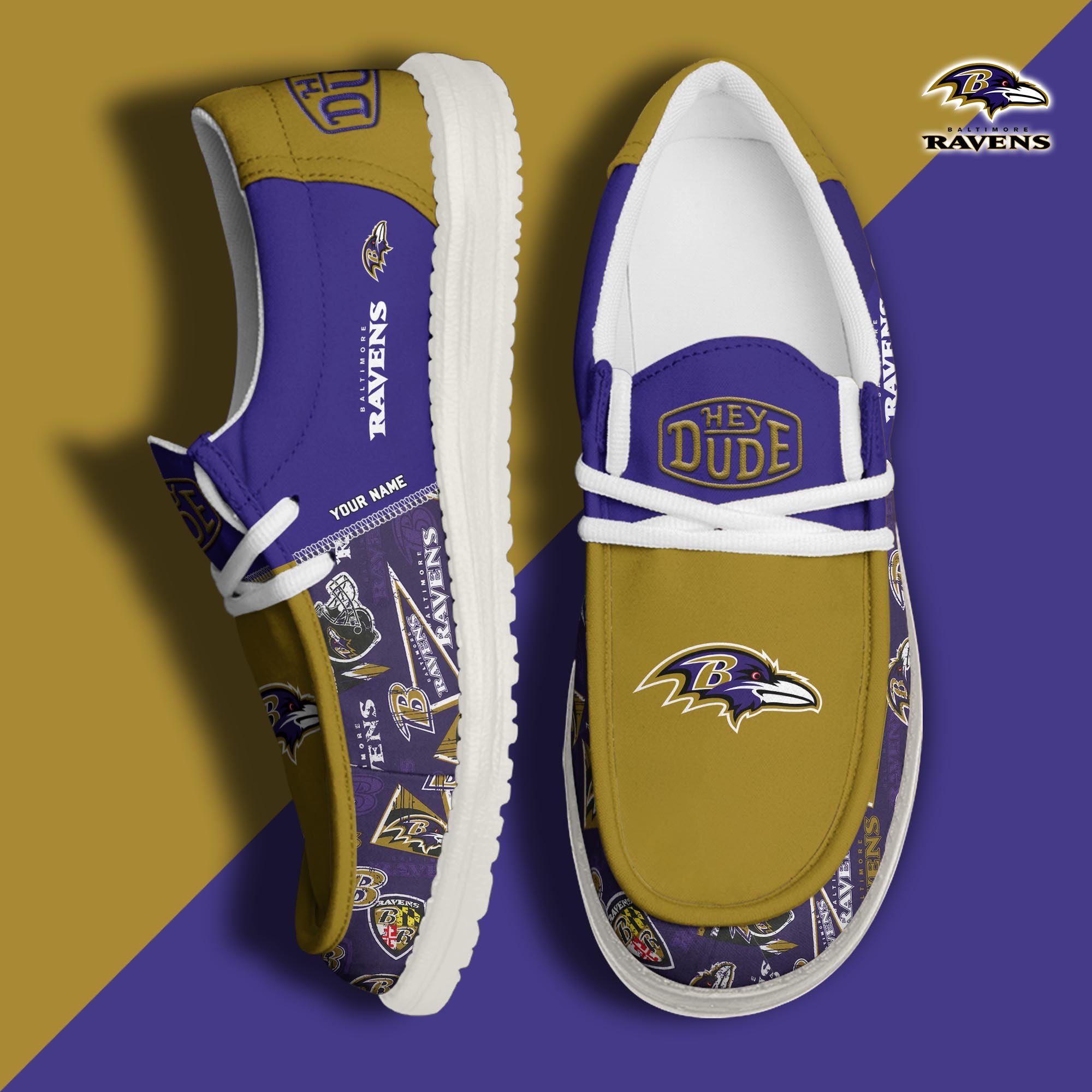 Baltimore Ravens Football Hey Dude Canvas Loafer Shoes Custom Your Name, Sport Shoes For Fan, Fan Gifts ETUA-61163