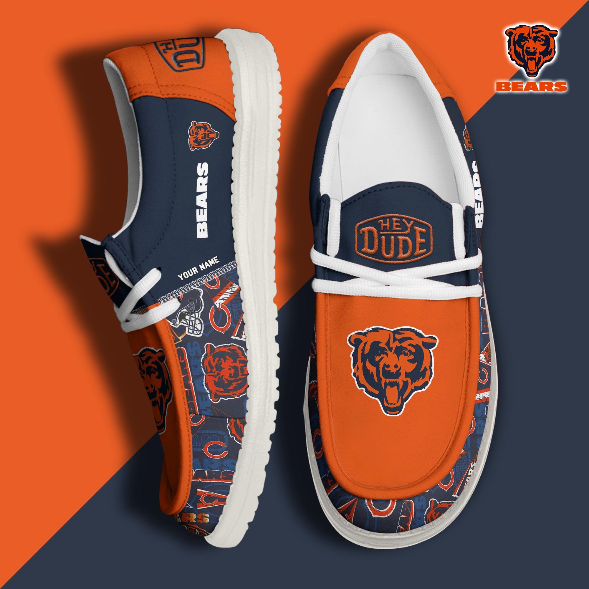 Chicago Bears Football Hey Dude Canvas Loafer Shoes Custom Your Name, Sport Shoes For Fan, Fan Gifts ETUA-61163