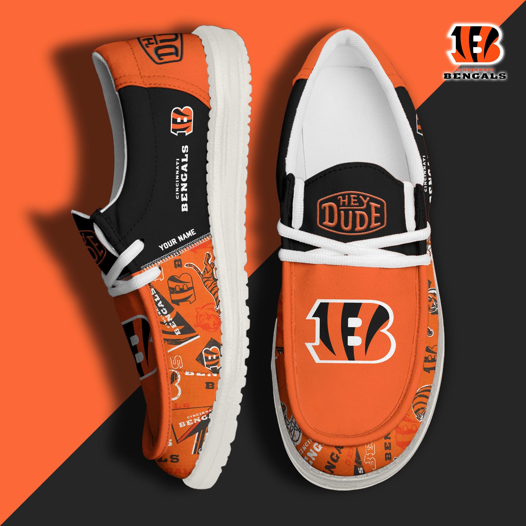 Cincinnati Bengals Football Hey Dude Canvas Loafer Shoes Custom Your Name, Sport Shoes For Fan, Fan Gifts ETUA-61163