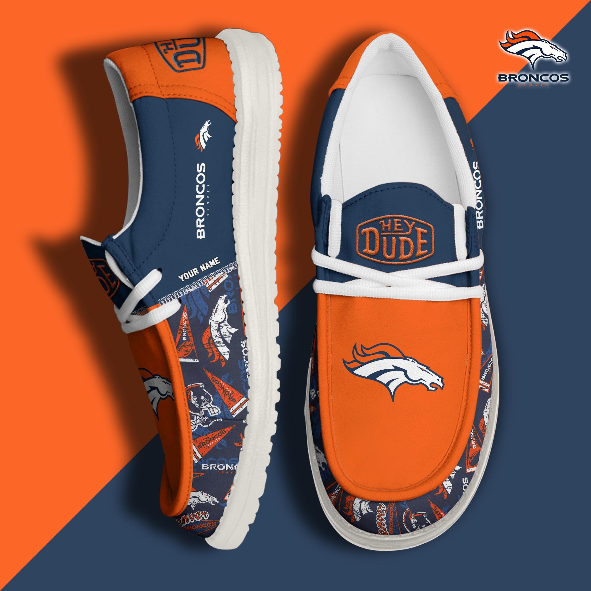 Denver Broncos Football Hey Dude Canvas Loafer Shoes Custom Your Name, Sport Shoes For Fan, Fan Gifts ETUA-61163