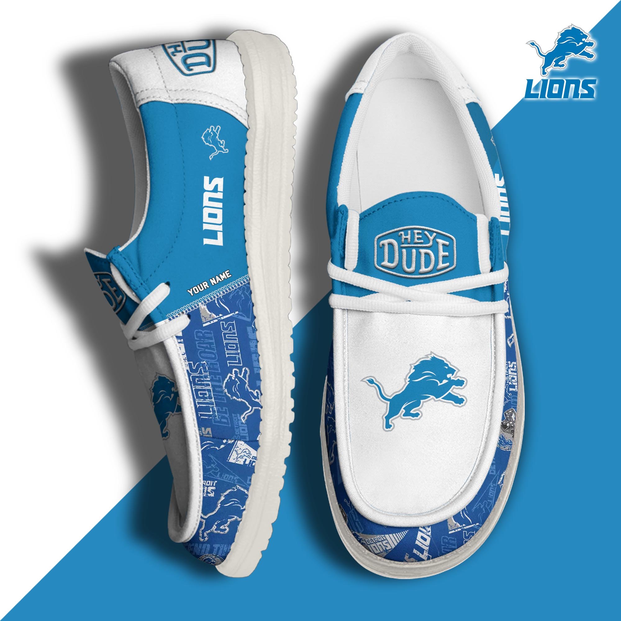 Detroit Lions Football Hey Dude Canvas Loafer Shoes Custom Your Name, Sport Shoes For Fan, Fan Gifts ETUA-61163