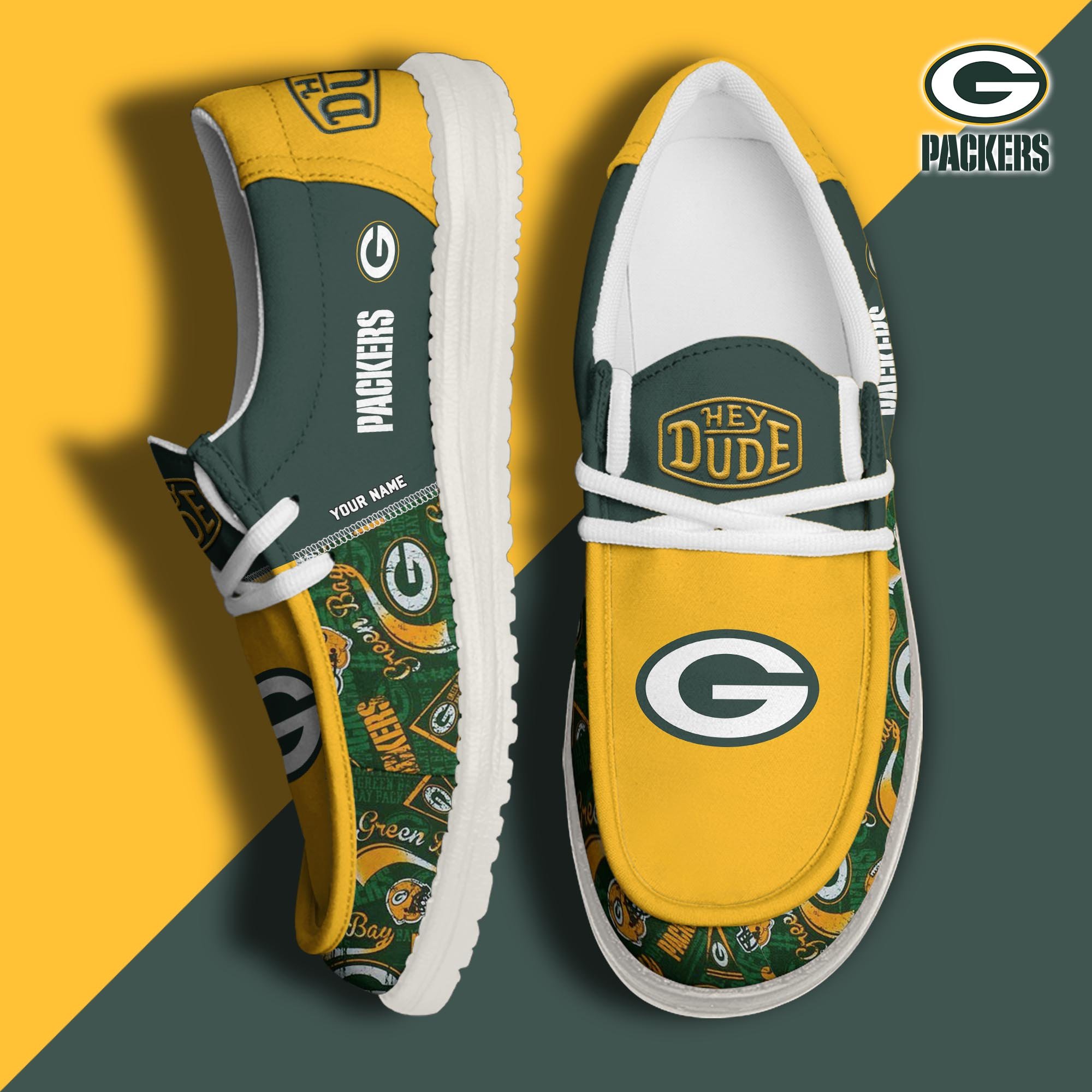 Green Bay Packers Football Hey Dude Canvas Loafer Shoes Custom Your Name, Sport Shoes For Fan, Fan Gifts ETUA-61163